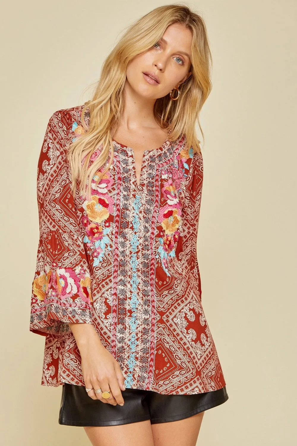 South Beach Embroidered Bandana Top, Rust