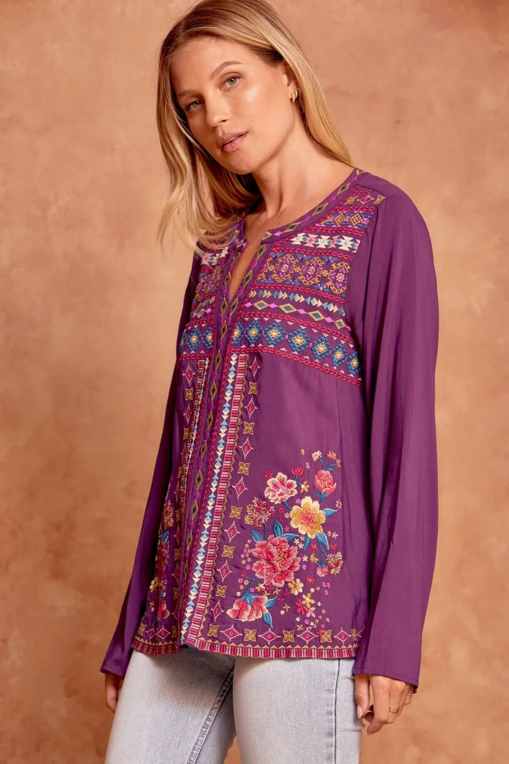 Split Neck Embroidered Top, Eggplant