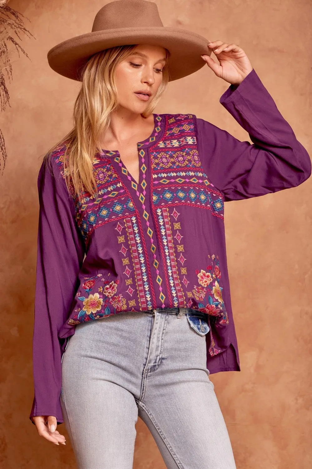 Split Neck Embroidered Top, Eggplant