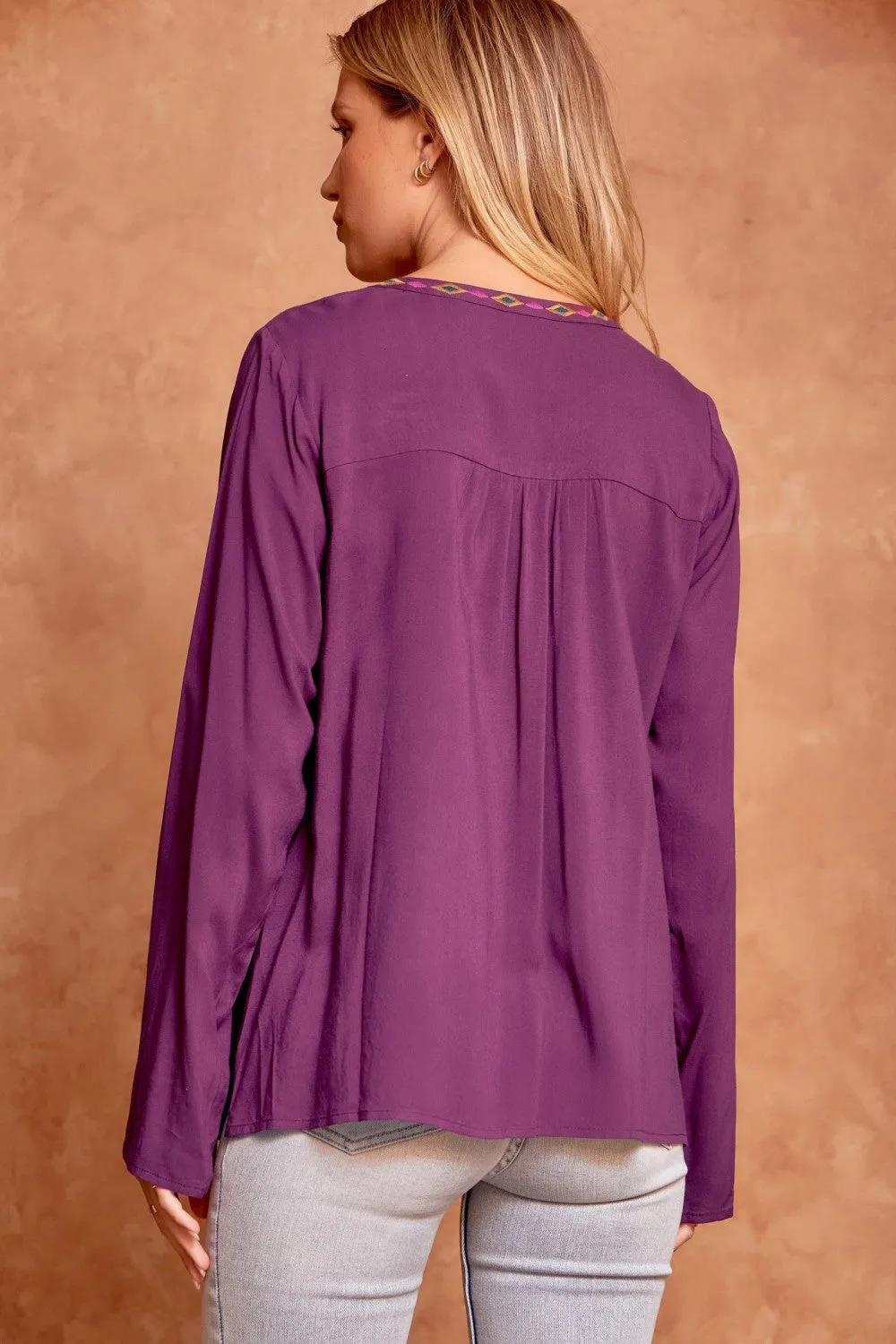 Split Neck Embroidered Top, Eggplant