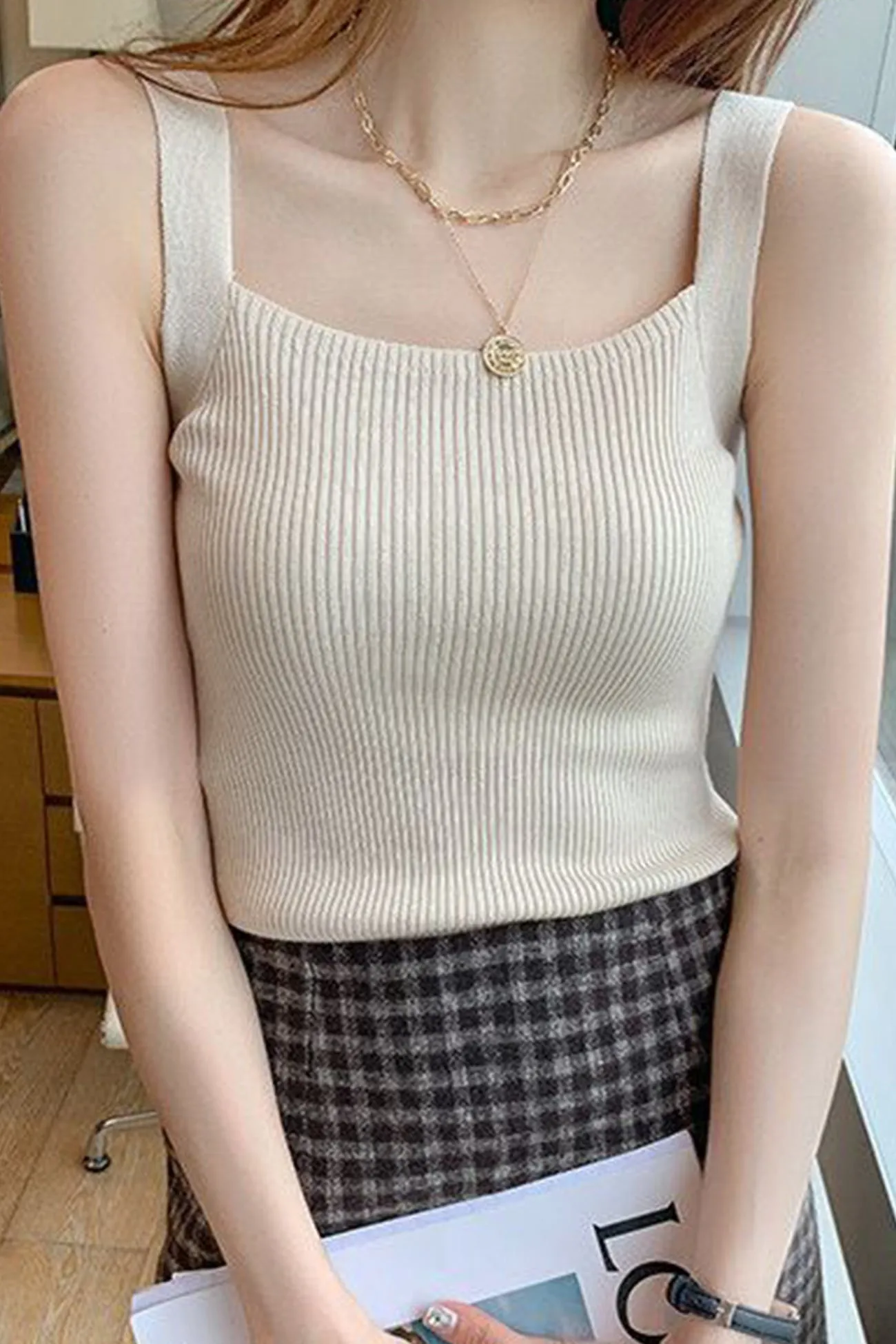 Square Neck Solid Color Knitted Tank Top