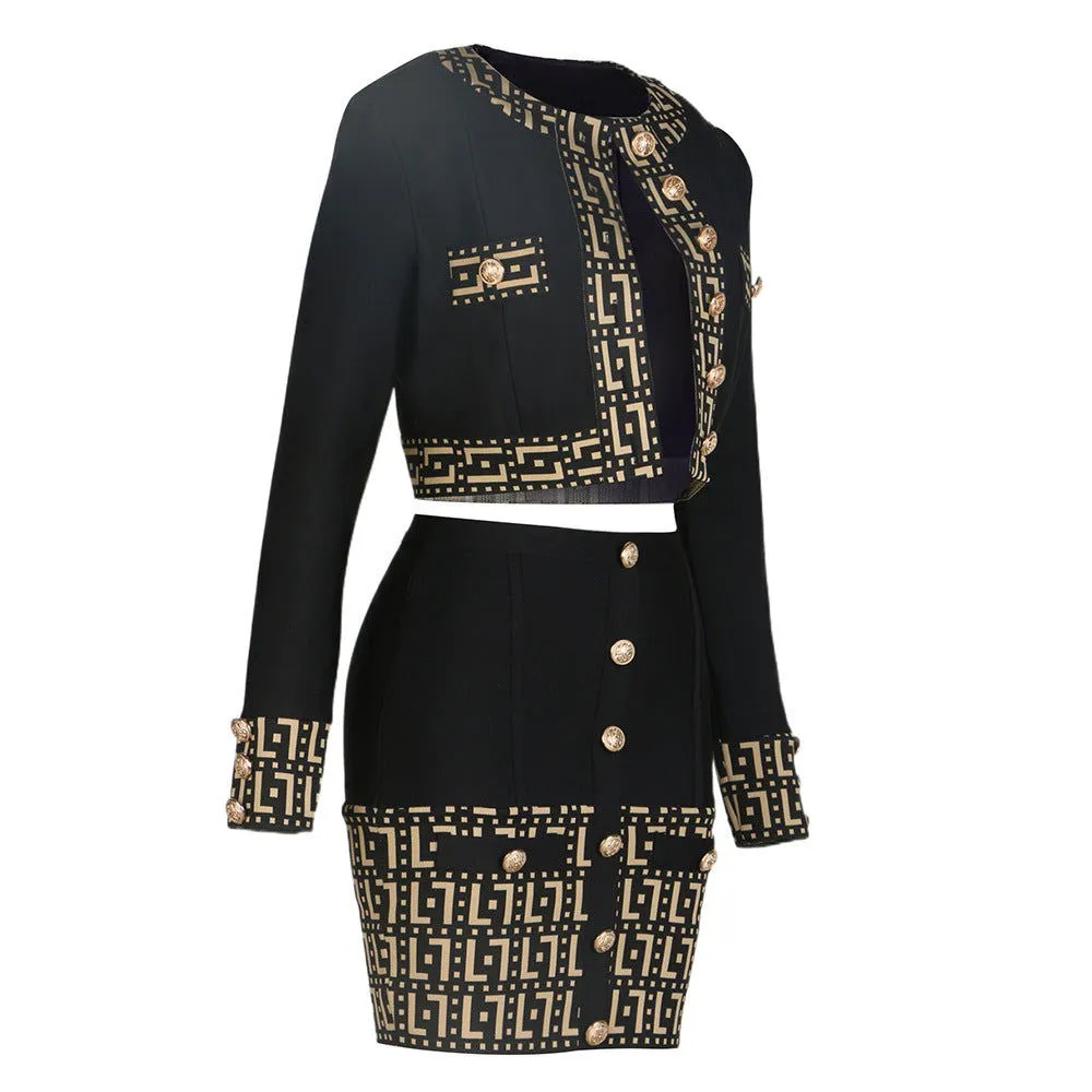 Stitching Details Long-sleeve Crop Blazer & Midi Dress Suits