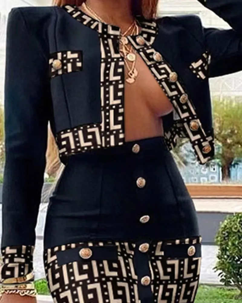 Stitching Details Long-sleeve Crop Blazer & Midi Dress Suits