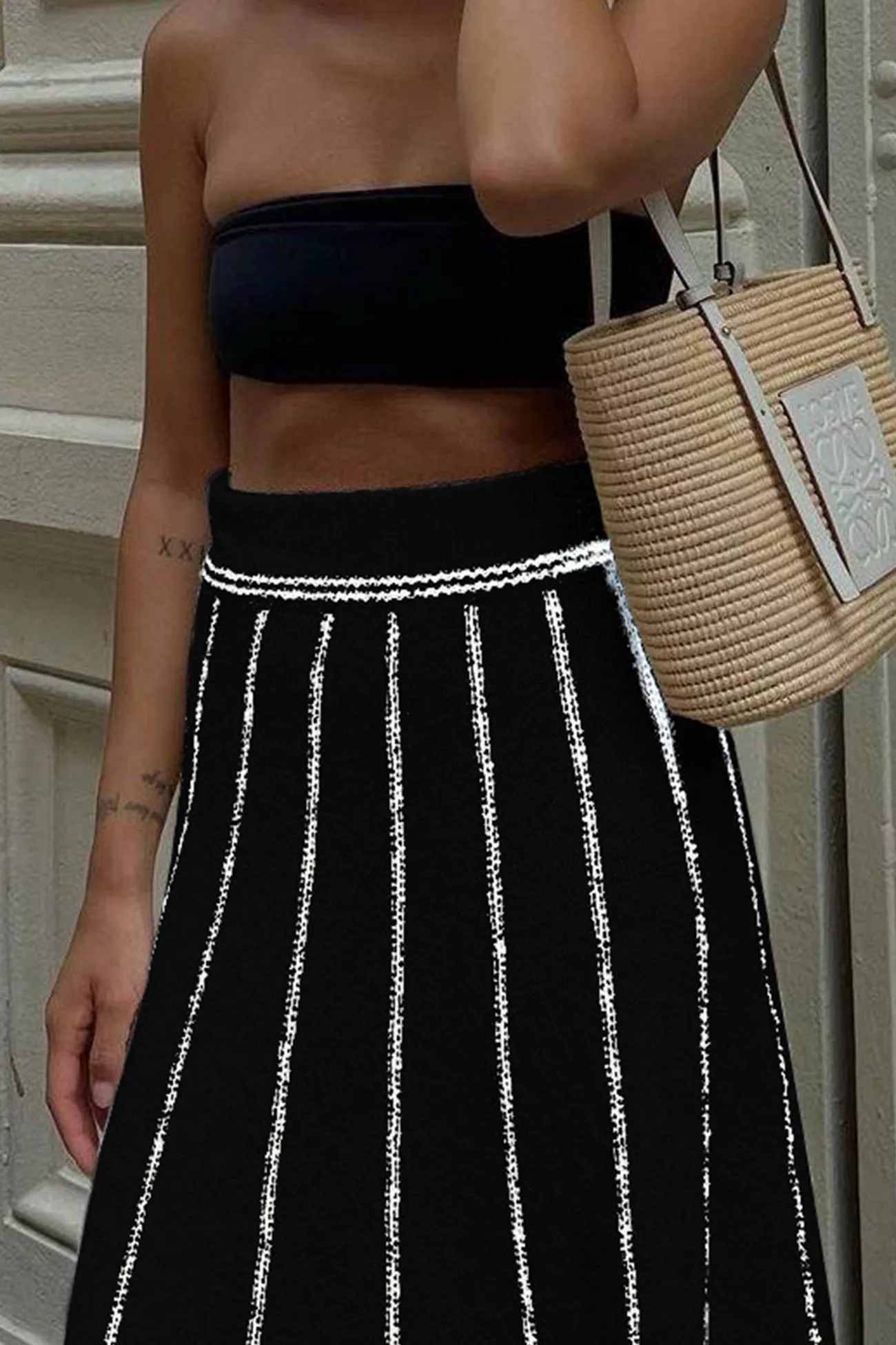 Striped Fringe Hem Knit Skirt