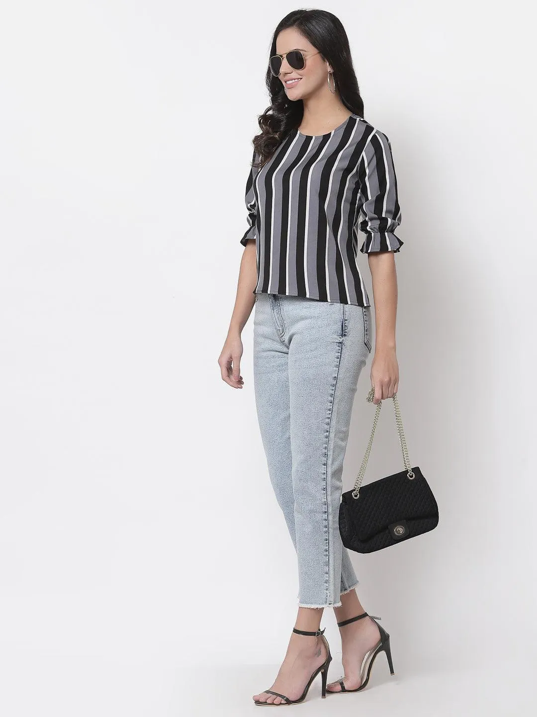 Style Quotient Women Black and Multi Stripe Printed Polyester Smart Casual Top