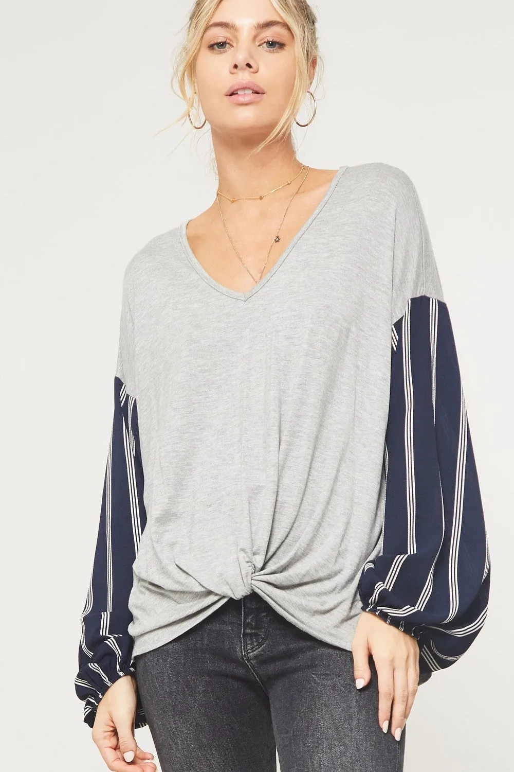 Sunday Funday Stripe Print Sleeve Top, Grey & Navy