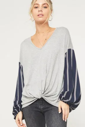 Sunday Funday Stripe Print Sleeve Top, Grey & Navy