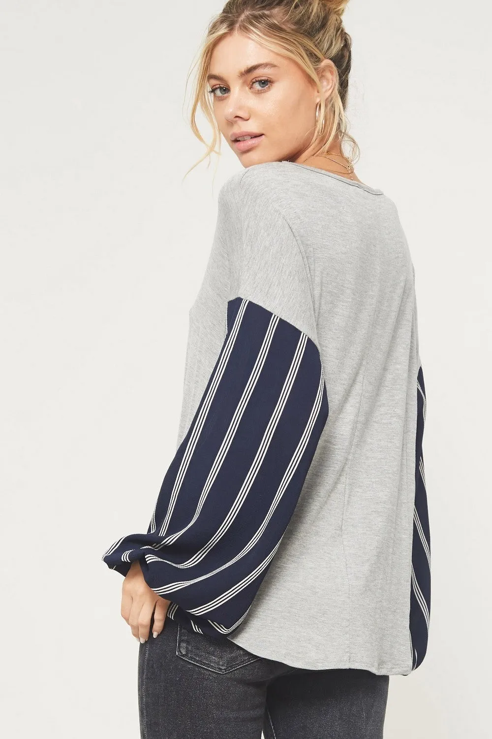 Sunday Funday Stripe Print Sleeve Top, Grey & Navy