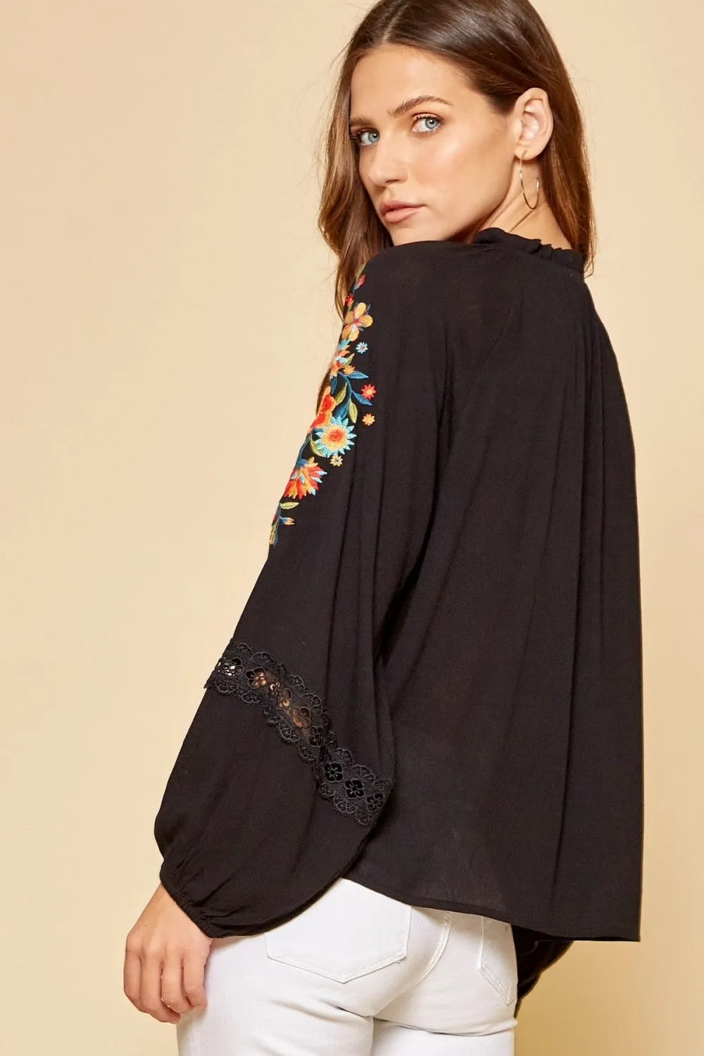 Tassel Tie Embroidered Top, Black