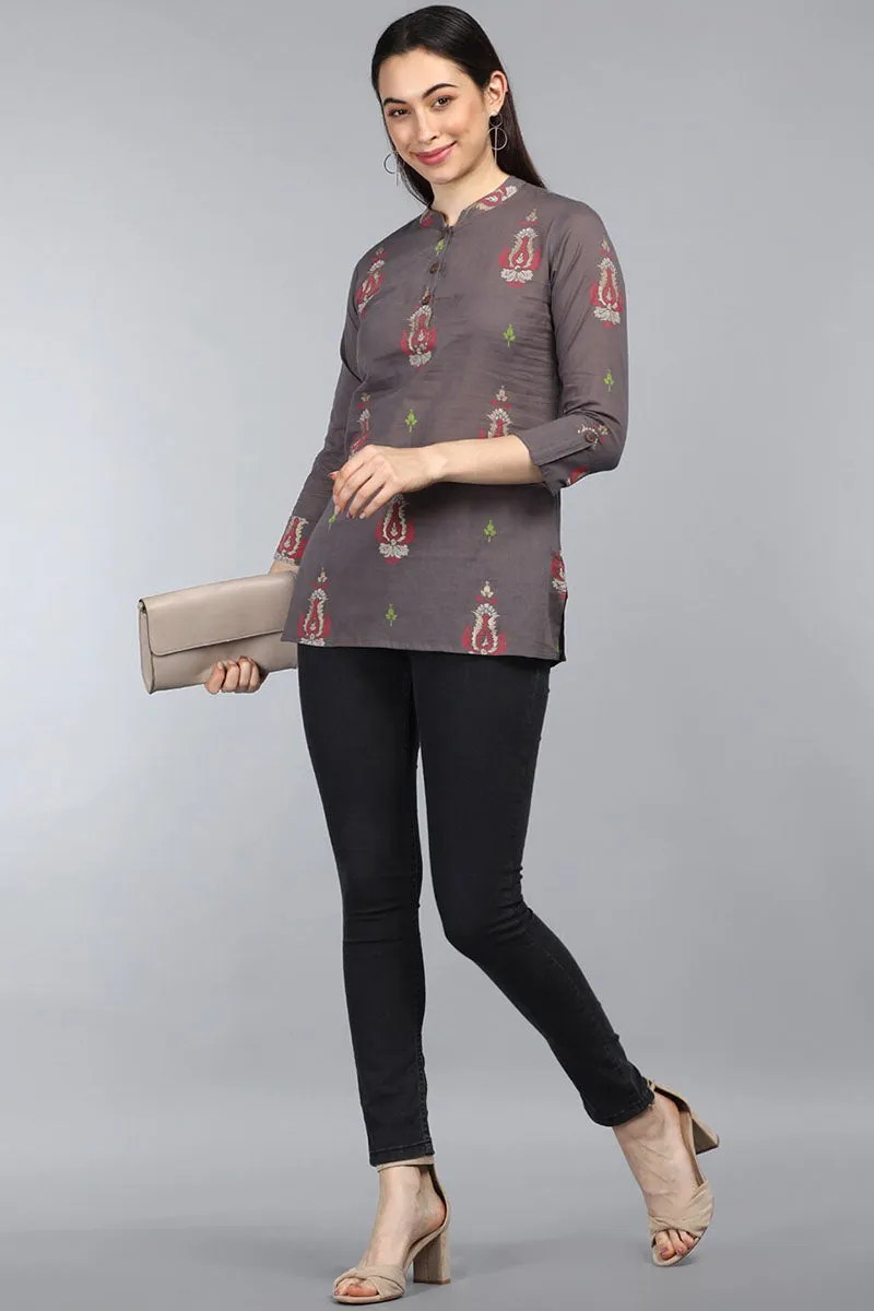 Taupe Cotton Ethnic Motifs Regular Tunic Top