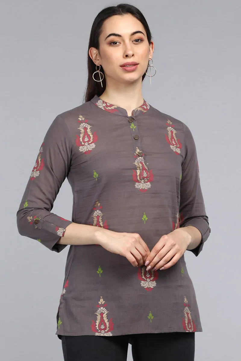 Taupe Cotton Ethnic Motifs Regular Tunic Top