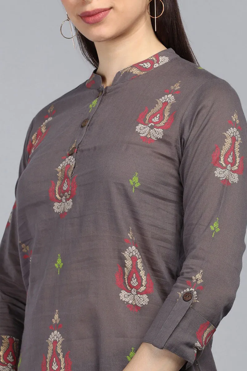 Taupe Cotton Ethnic Motifs Regular Tunic Top