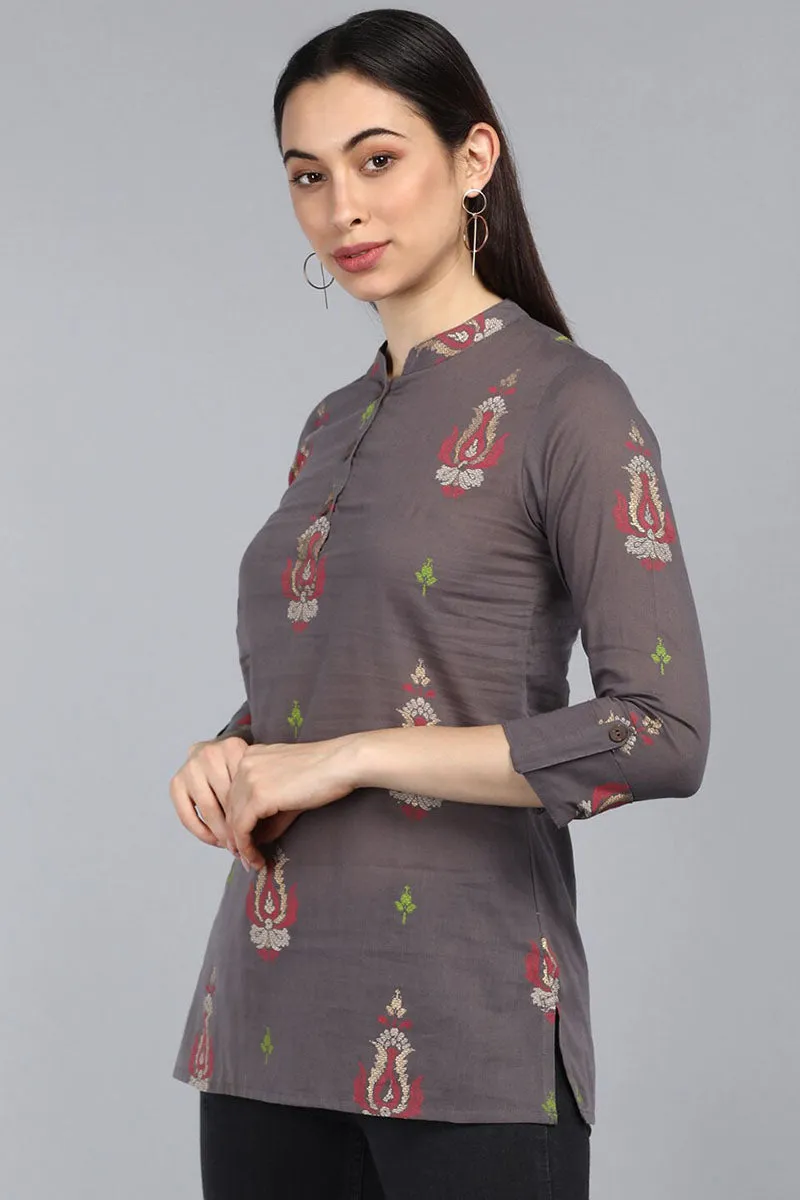 Taupe Cotton Ethnic Motifs Regular Tunic Top