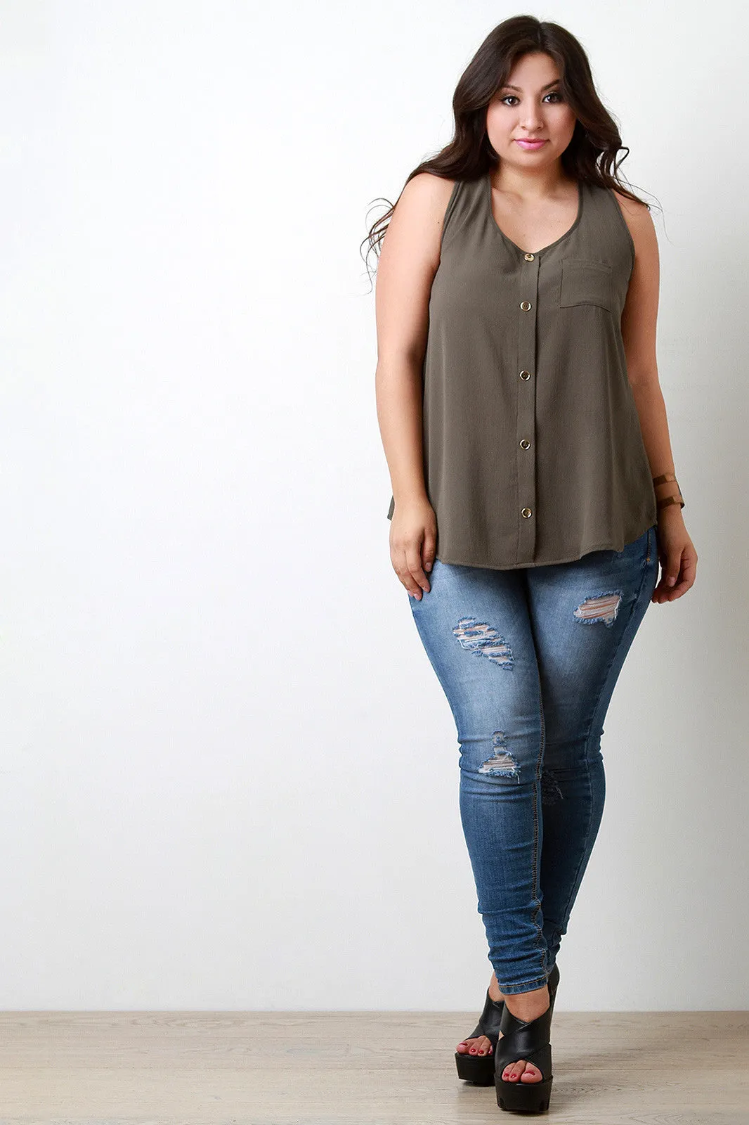 Textured Woven Button Detail Pocket Tunic Top