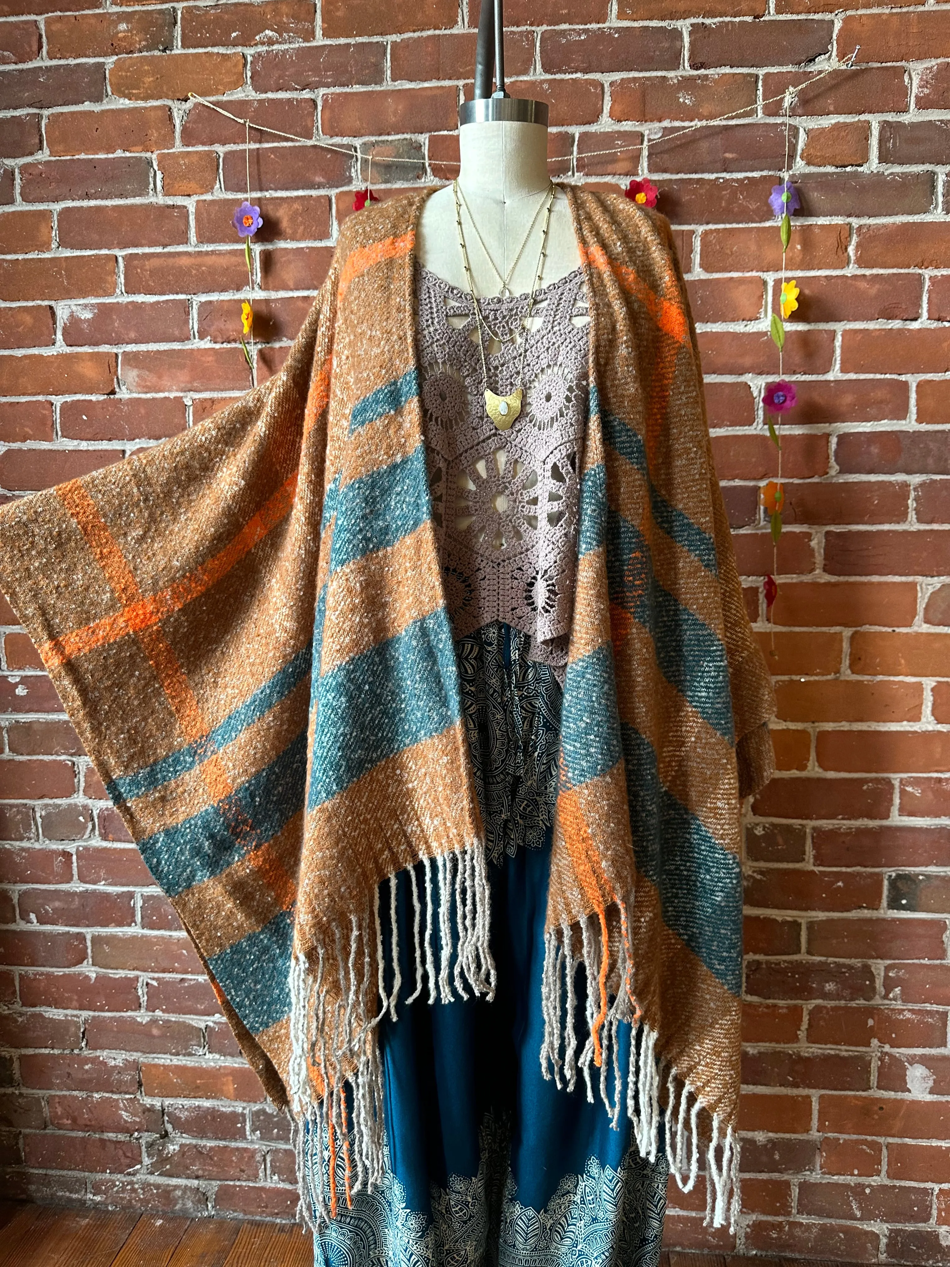 The Softest Farmers Market Fringe Poncho - Brown/Orange/Teal