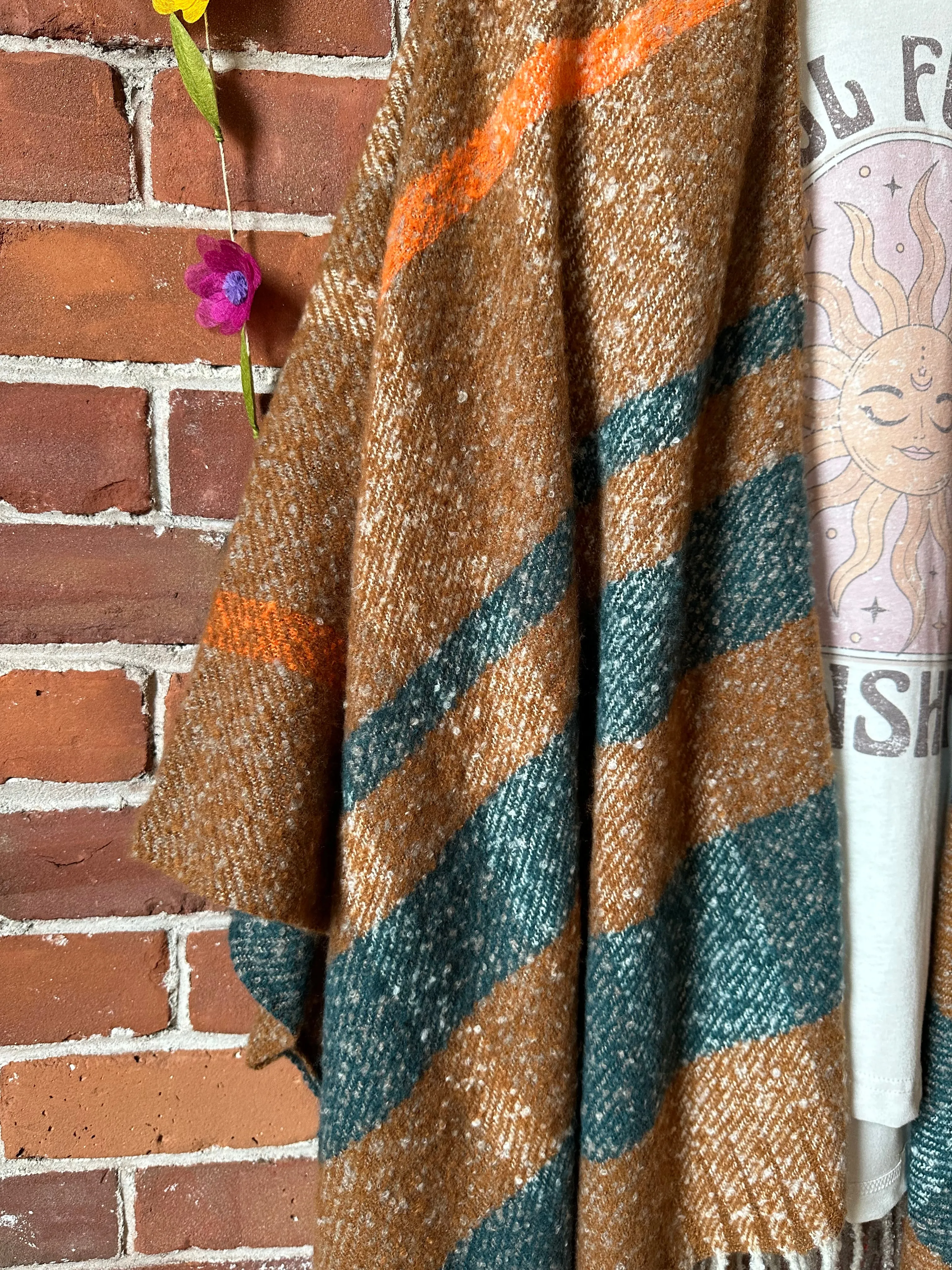 The Softest Farmers Market Fringe Poncho - Brown/Orange/Teal