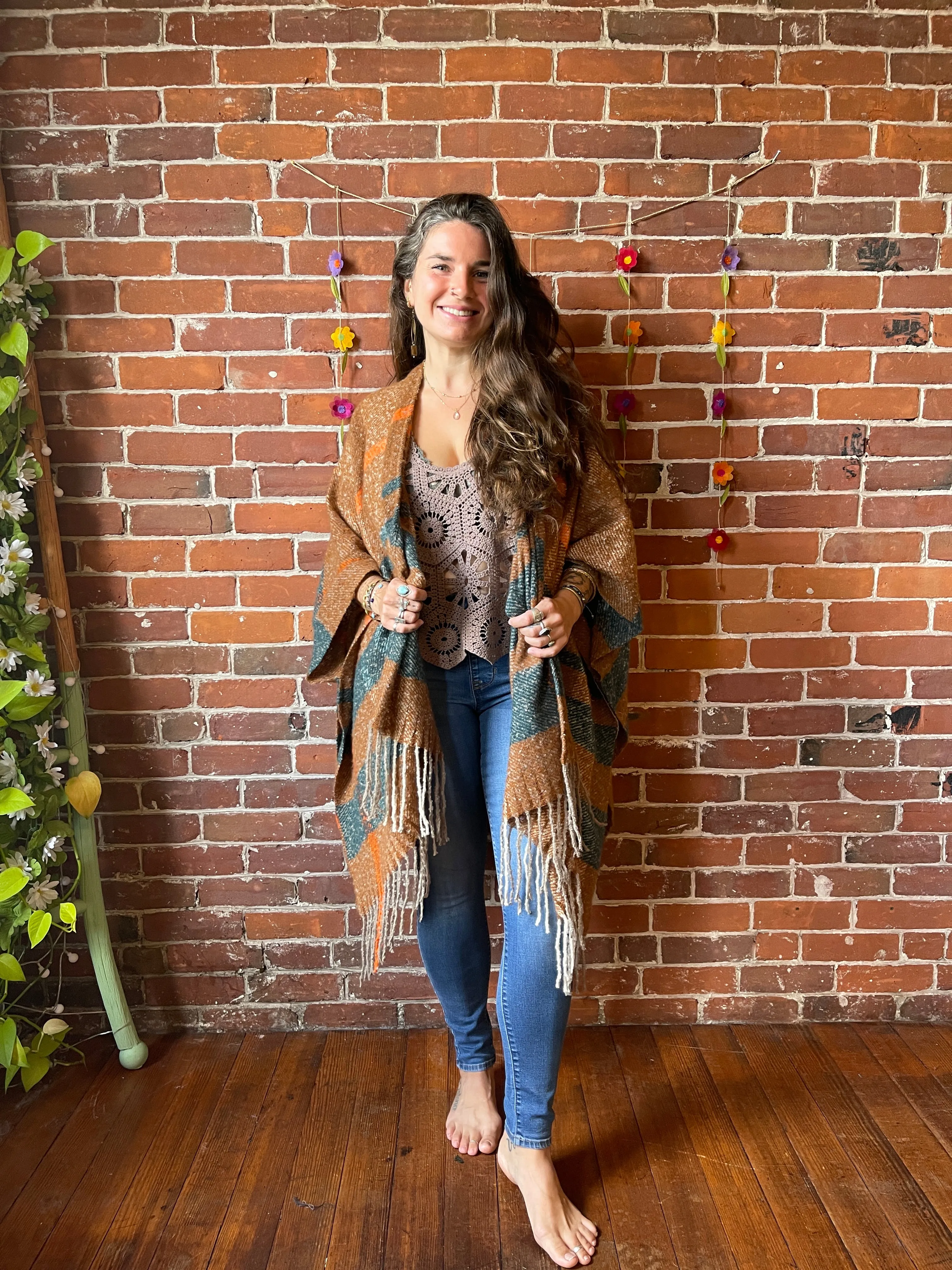 The Softest Farmers Market Fringe Poncho - Brown/Orange/Teal