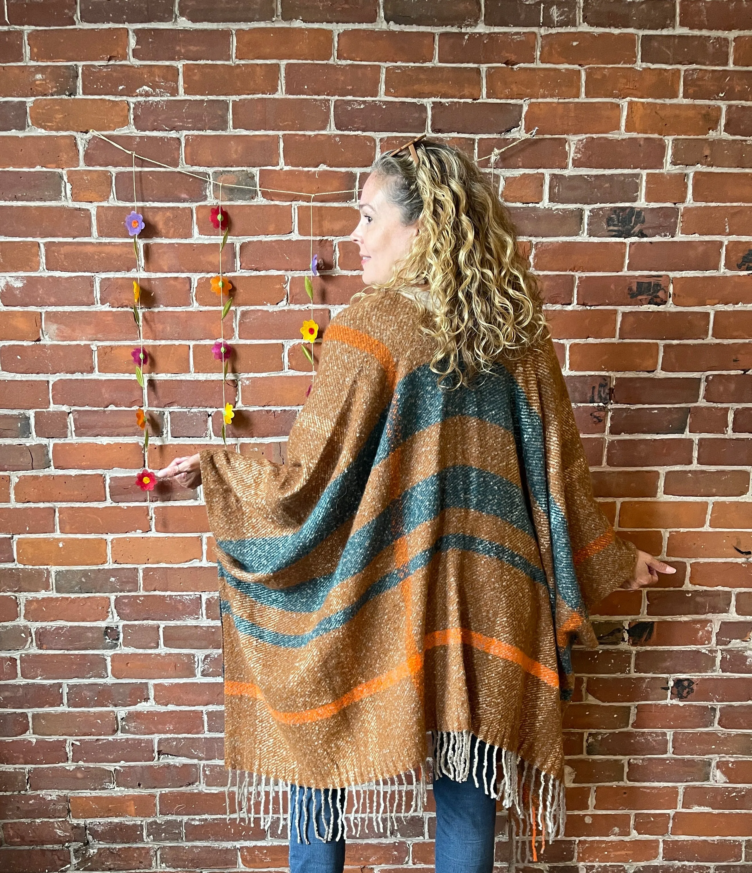 The Softest Farmers Market Fringe Poncho - Brown/Orange/Teal