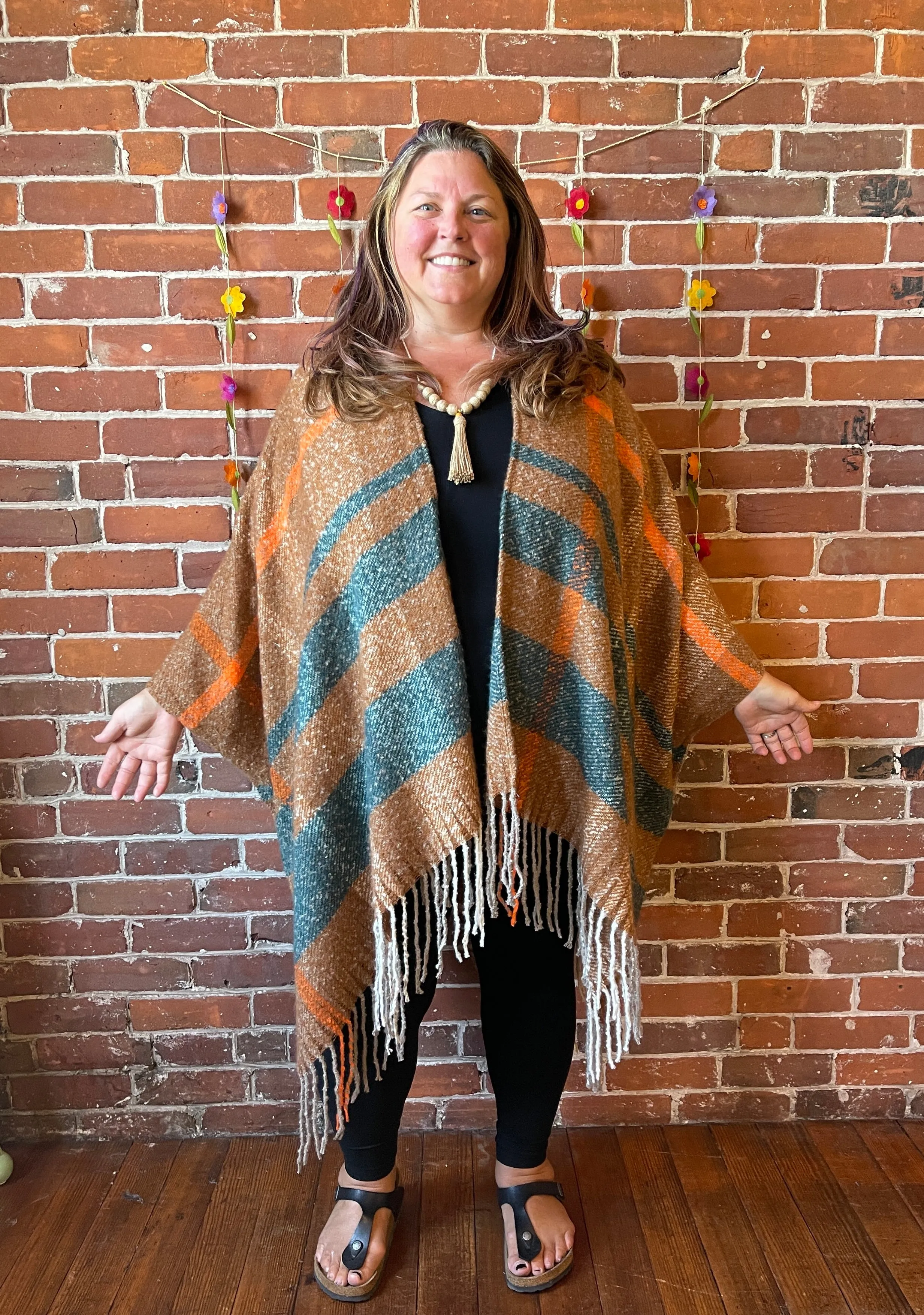 The Softest Farmers Market Fringe Poncho - Brown/Orange/Teal