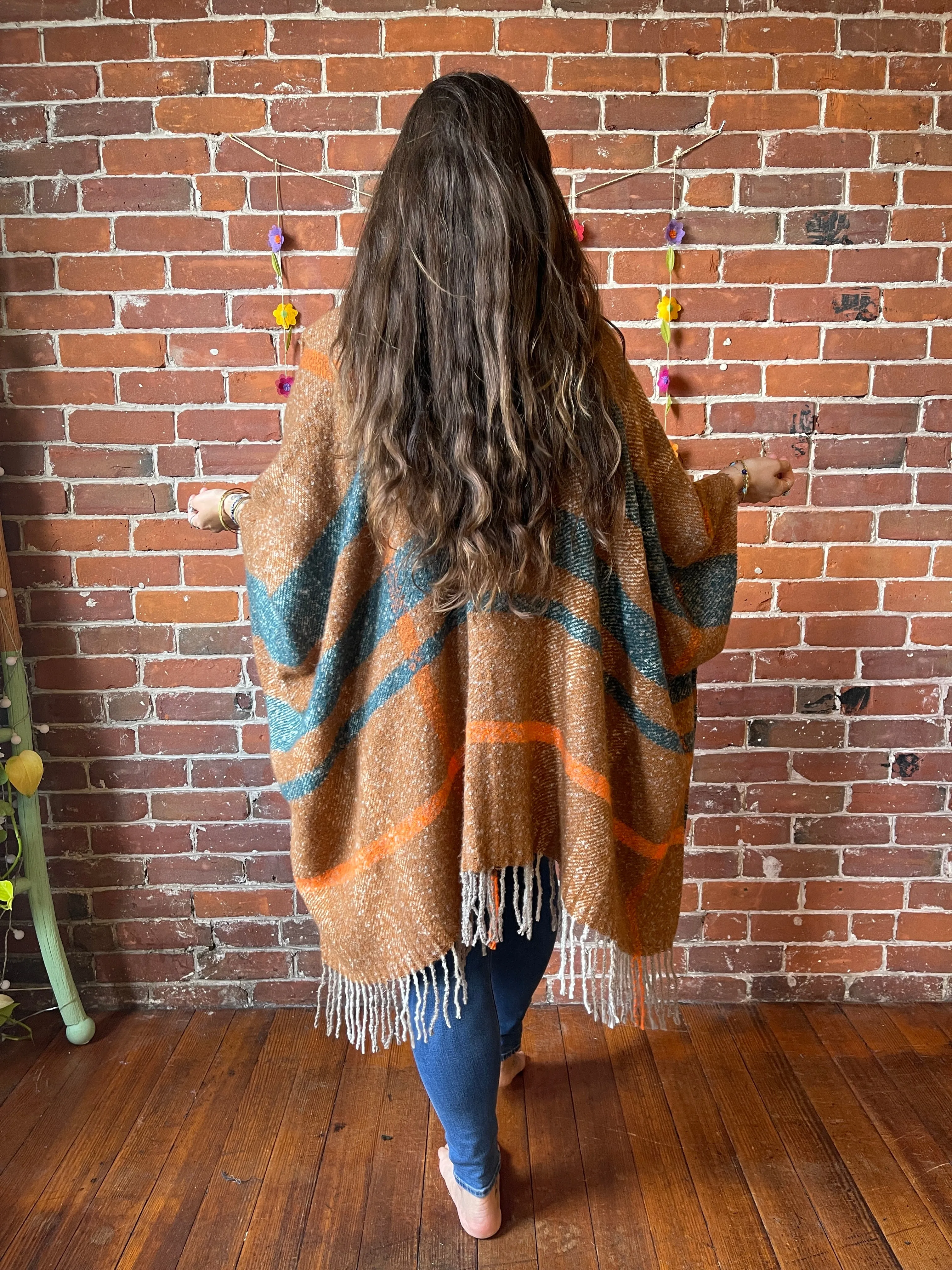 The Softest Farmers Market Fringe Poncho - Brown/Orange/Teal