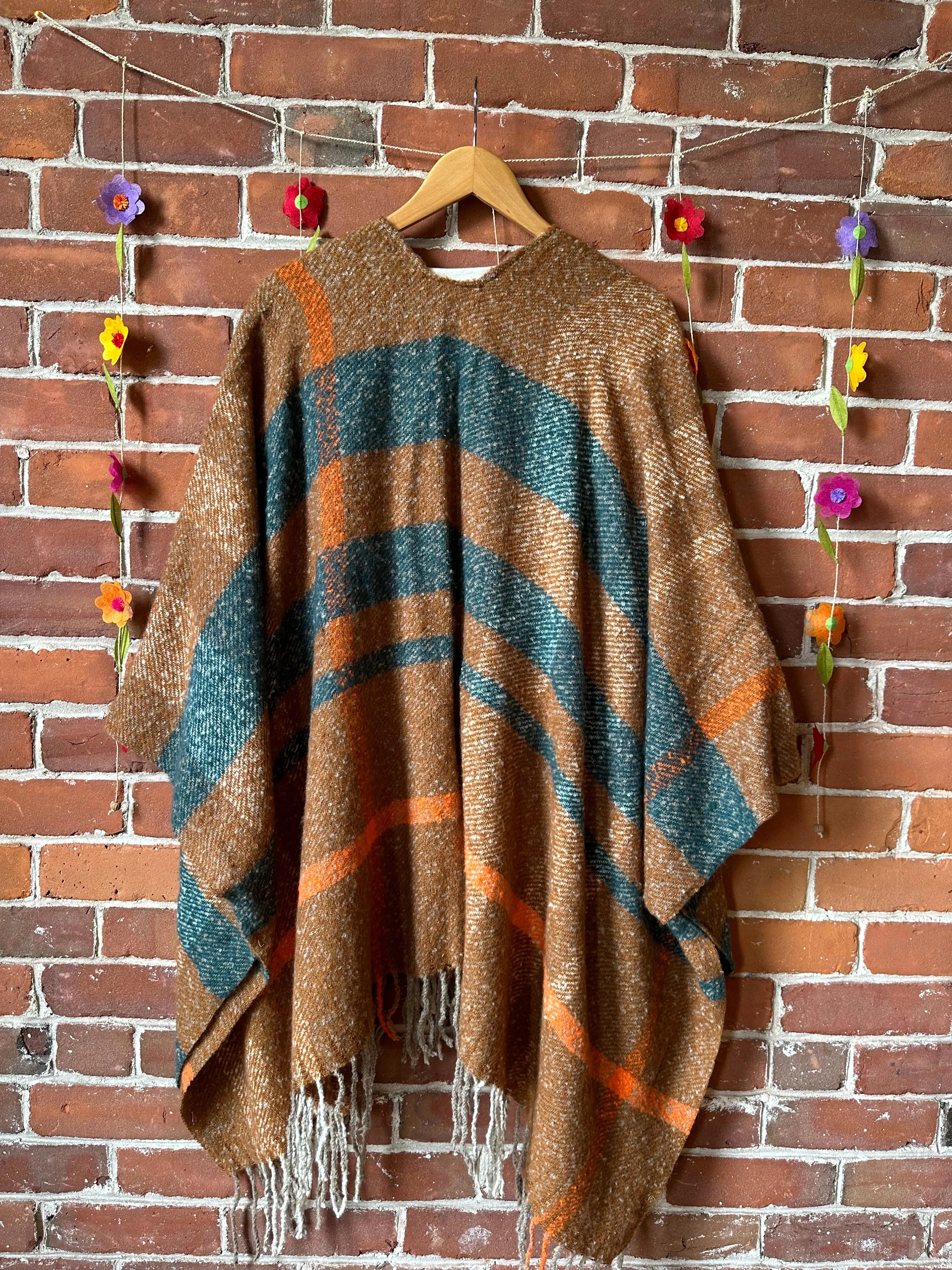 The Softest Farmers Market Fringe Poncho - Brown/Orange/Teal