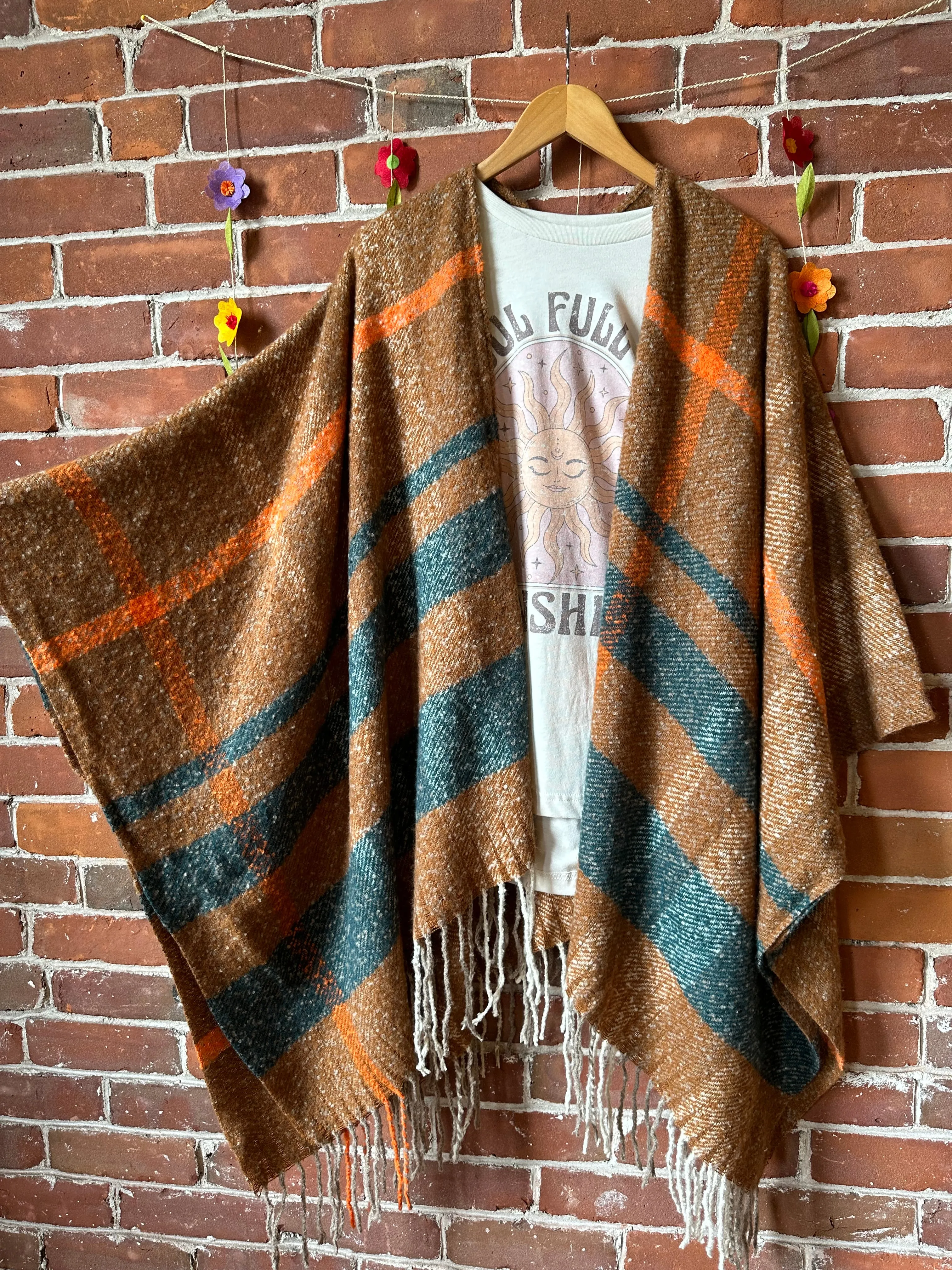 The Softest Farmers Market Fringe Poncho - Brown/Orange/Teal