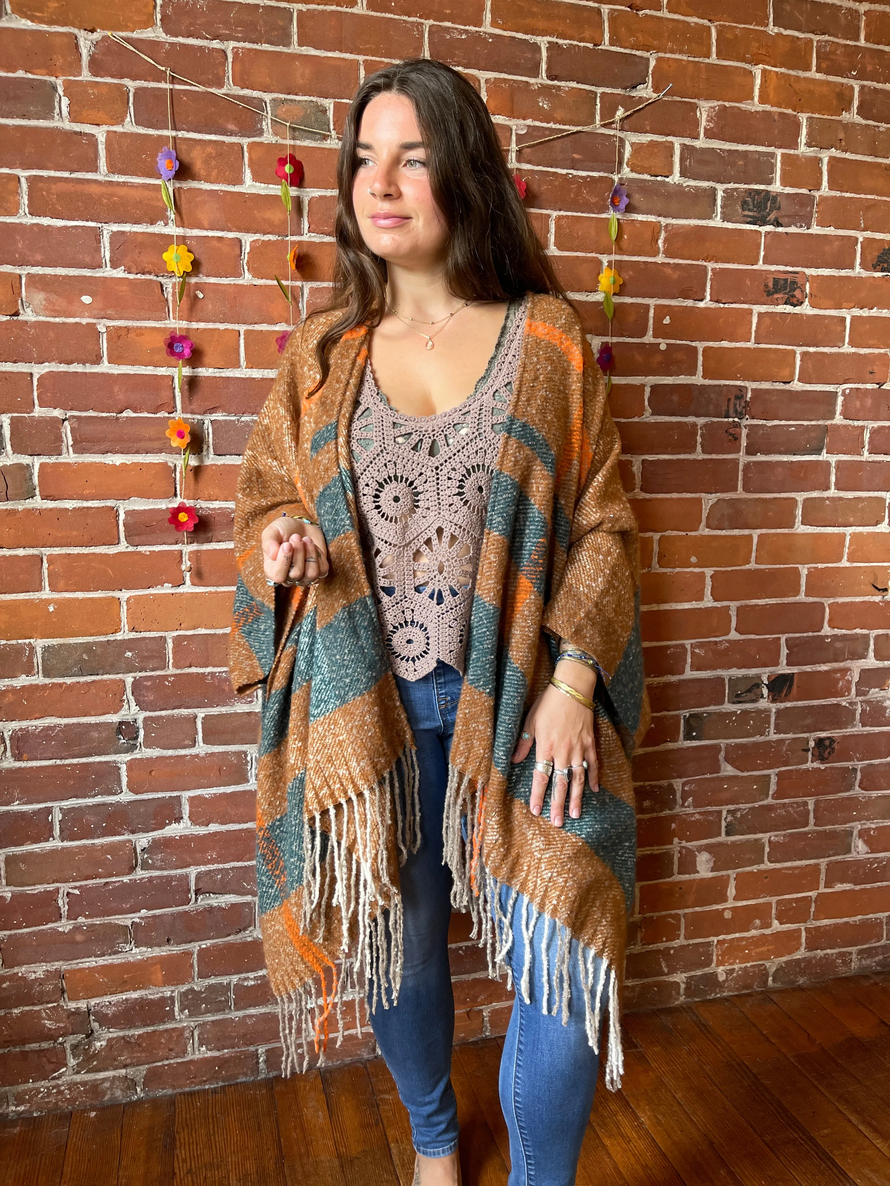 The Softest Farmers Market Fringe Poncho - Brown/Orange/Teal