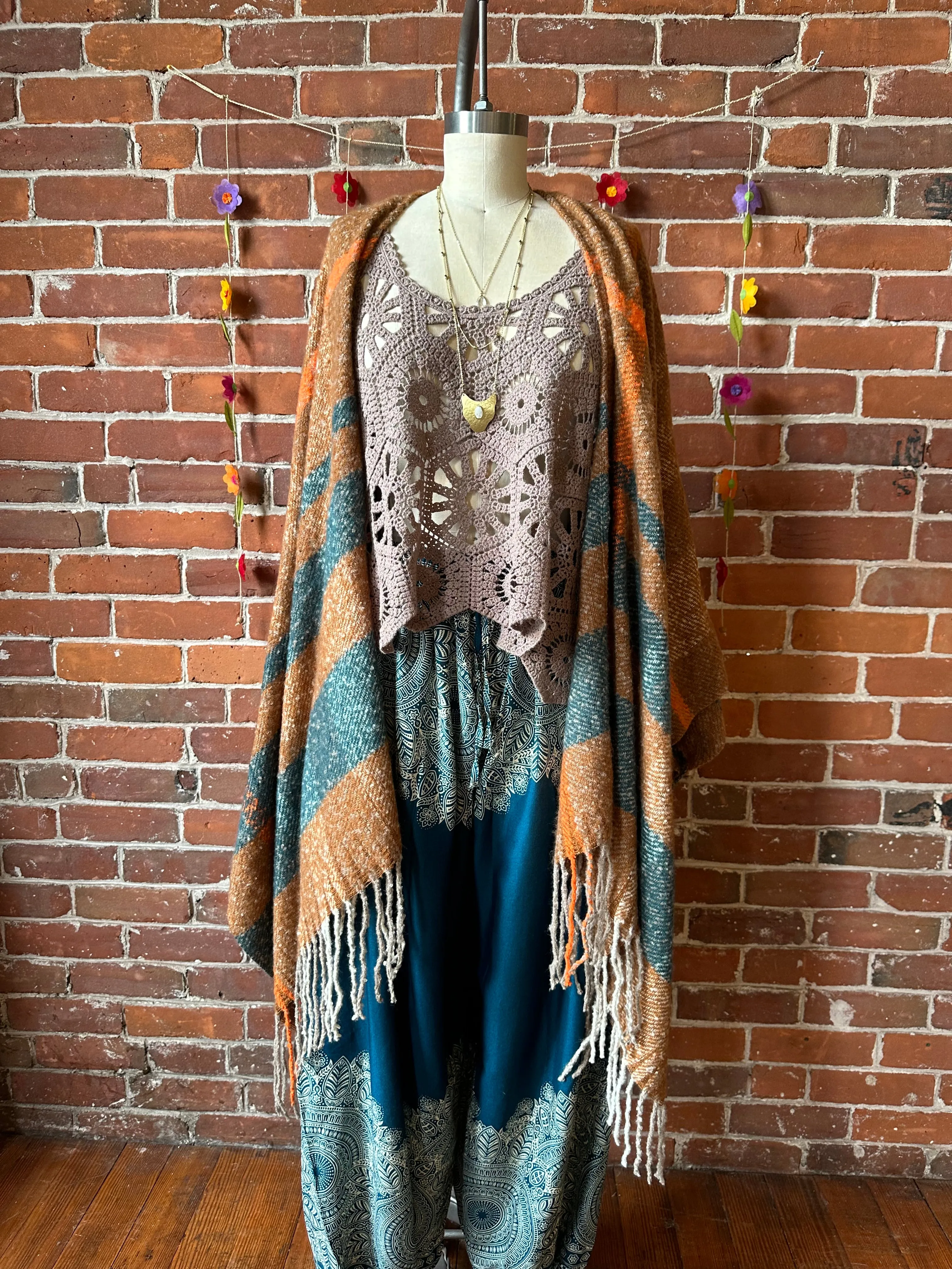 The Softest Farmers Market Fringe Poncho - Brown/Orange/Teal