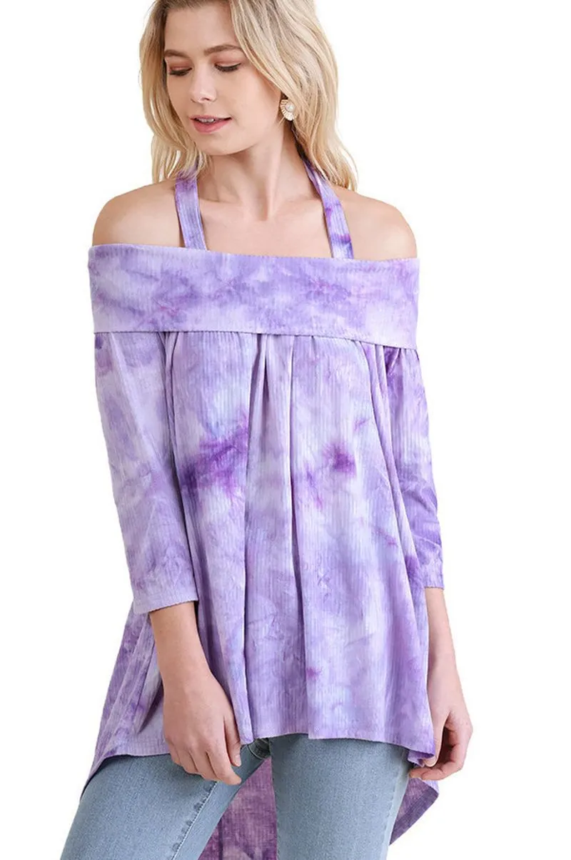 Tie Dye Off The Shoulder High Low Tunic, Purple