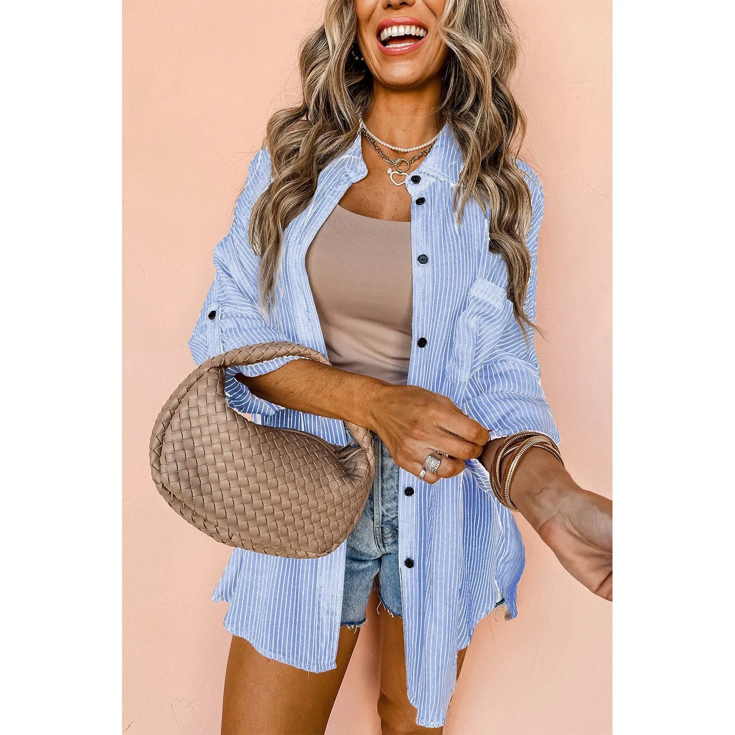 Toes In the Sand Sky Blue Stripe Roll-tab Sleeve Pocketed Long Shirt