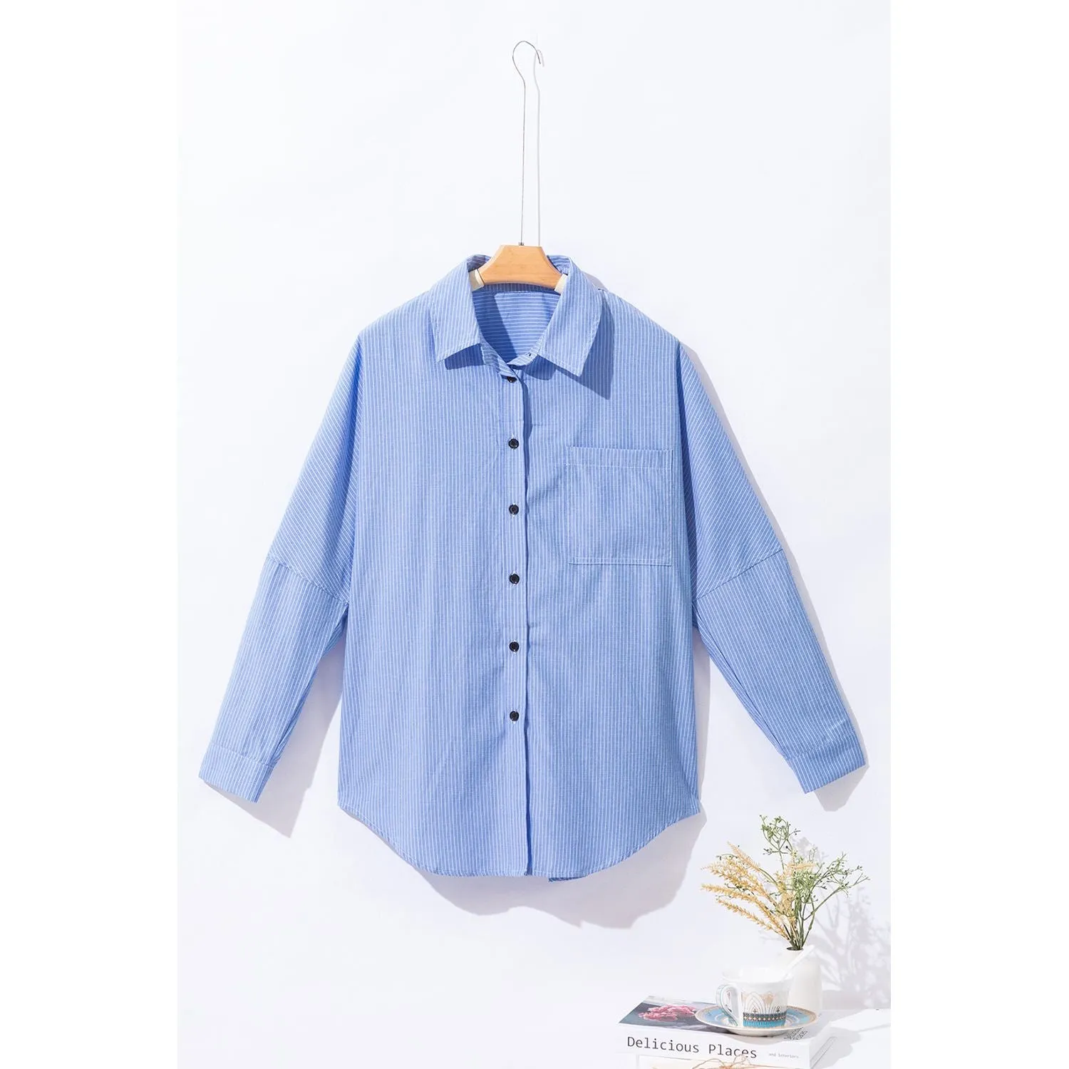 Toes In the Sand Sky Blue Stripe Roll-tab Sleeve Pocketed Long Shirt