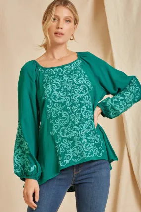 Tonal Embroidered Blouse, Teal