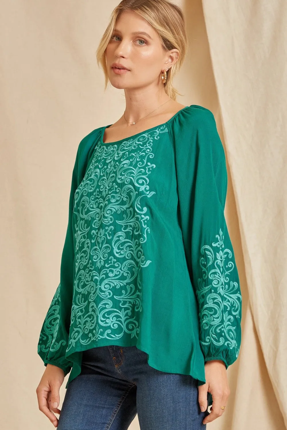 Tonal Embroidered Blouse, Teal