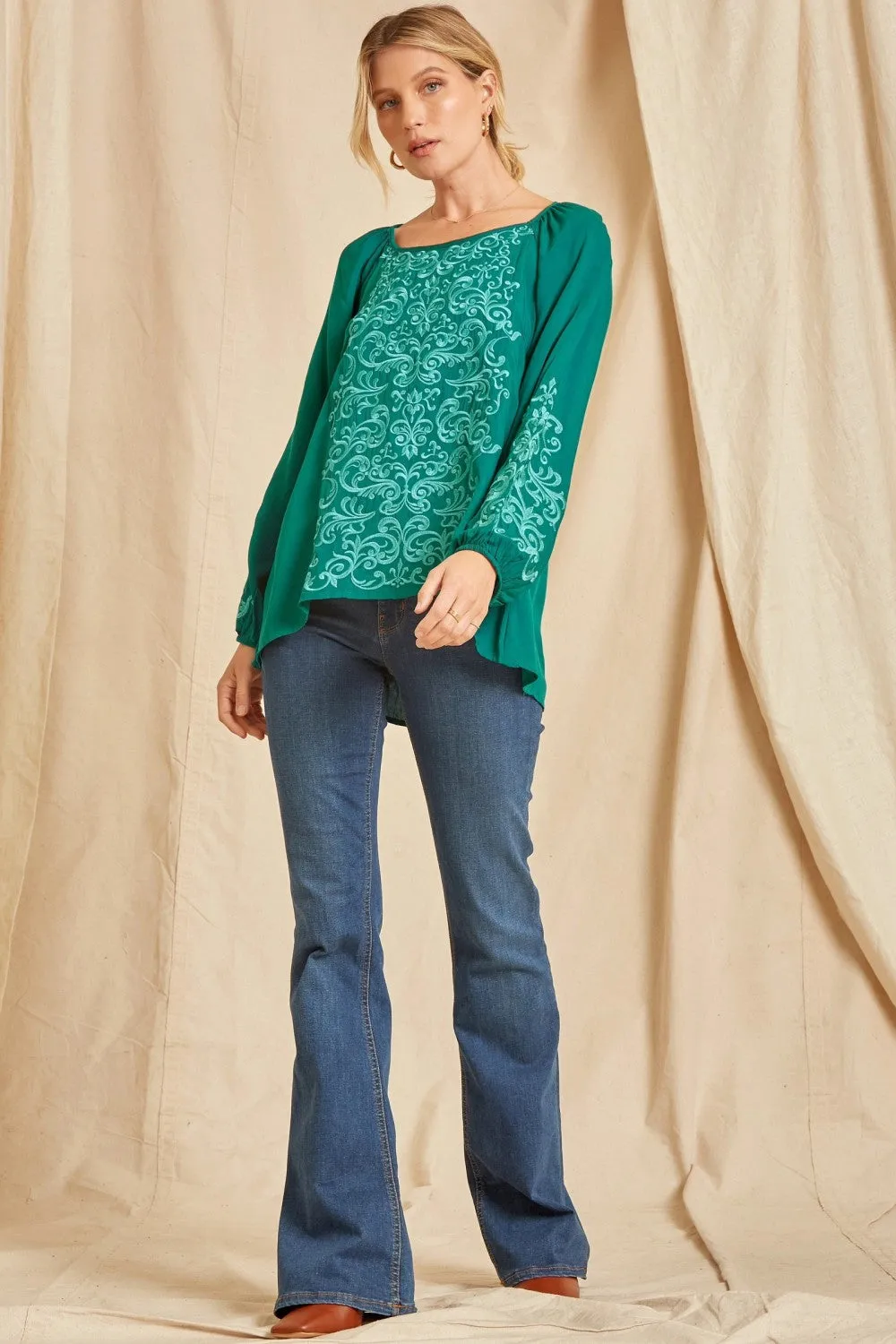 Tonal Embroidered Blouse, Teal