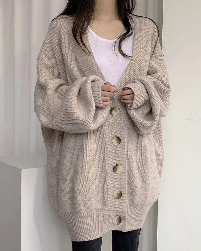 V-neck single-breasted loose lantern sleeve knitted cardigan