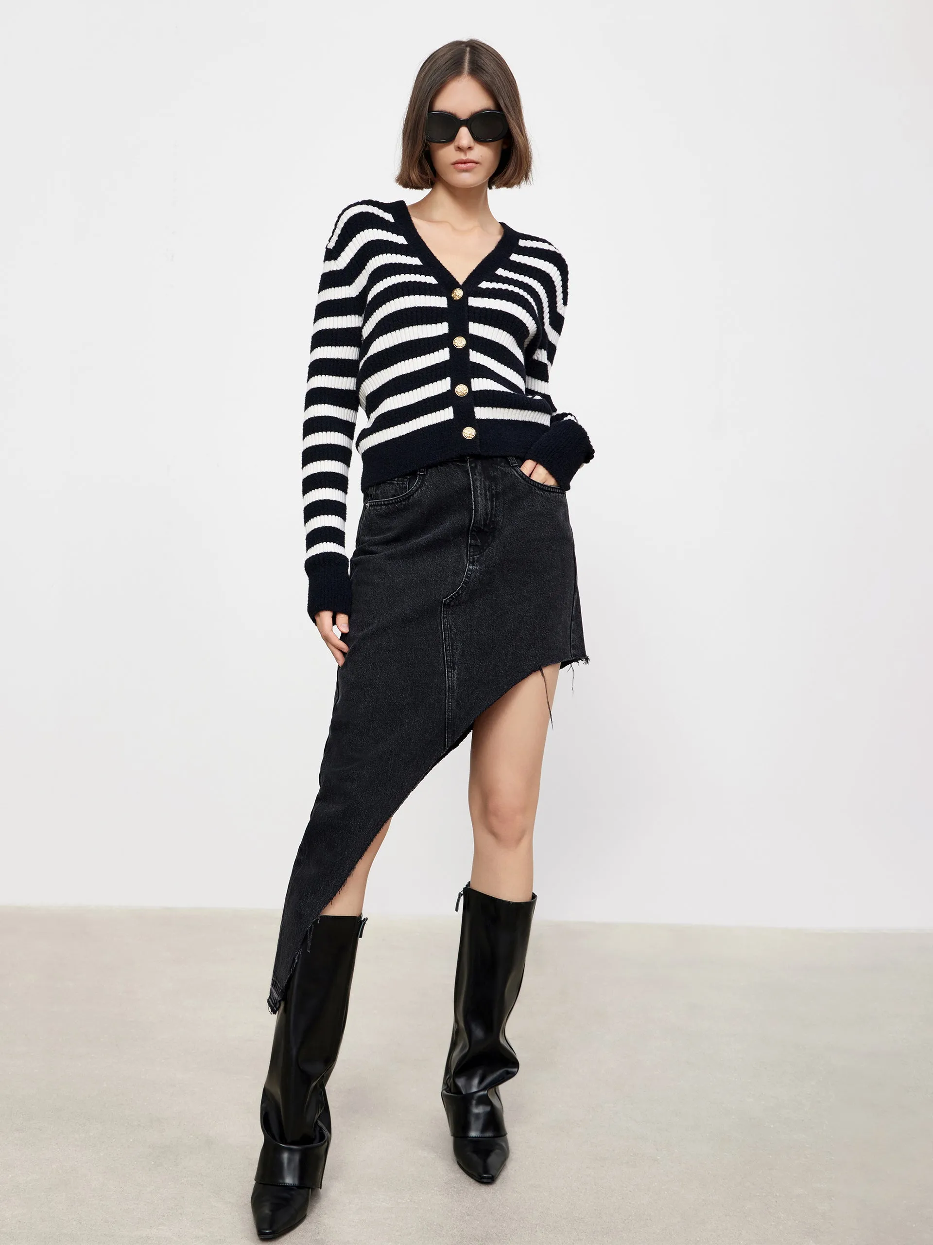 V-neck Striped Knitted Wool-Blend Cardigan