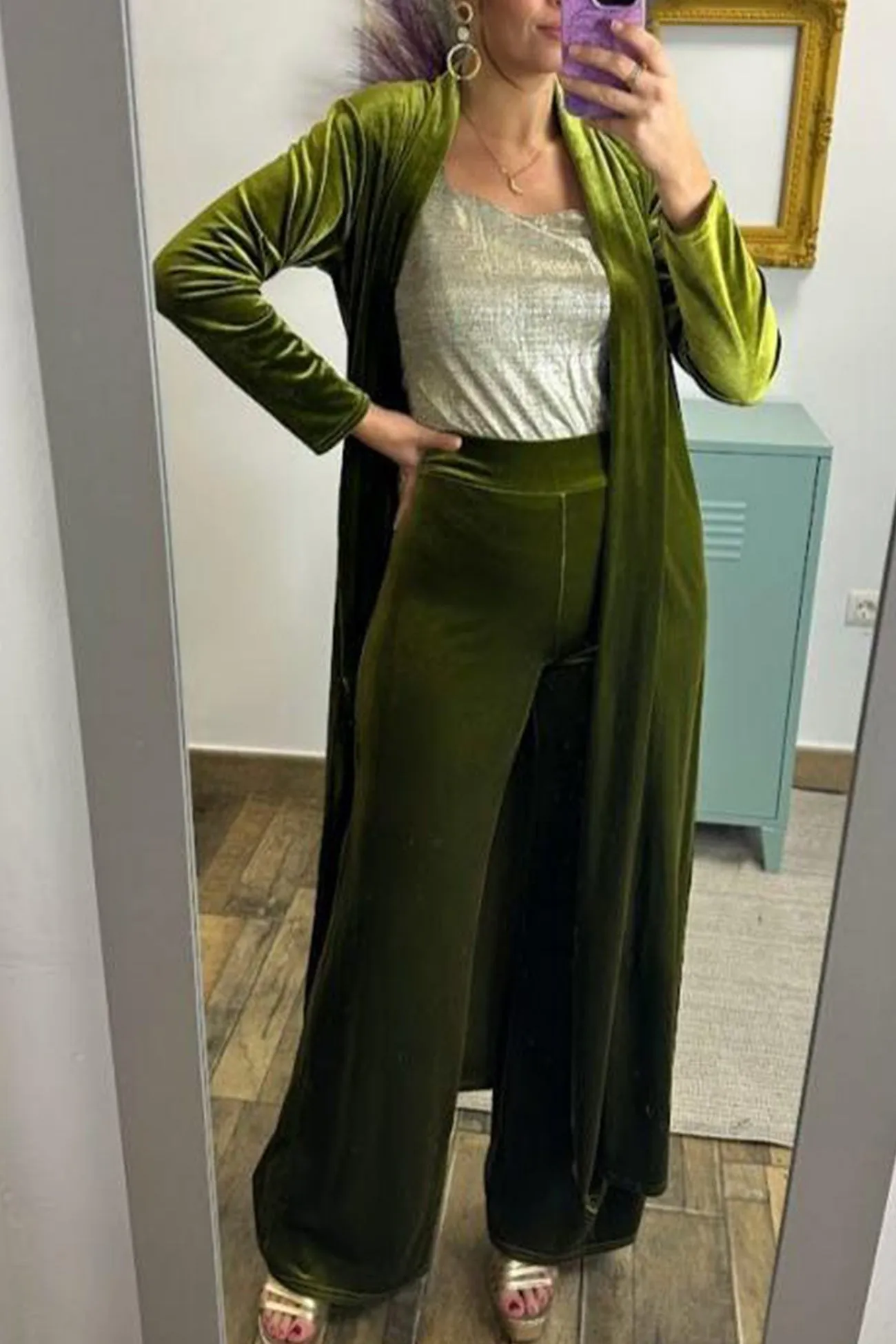 Velvet Slit Long Cardigan Two-piece Pants Suits