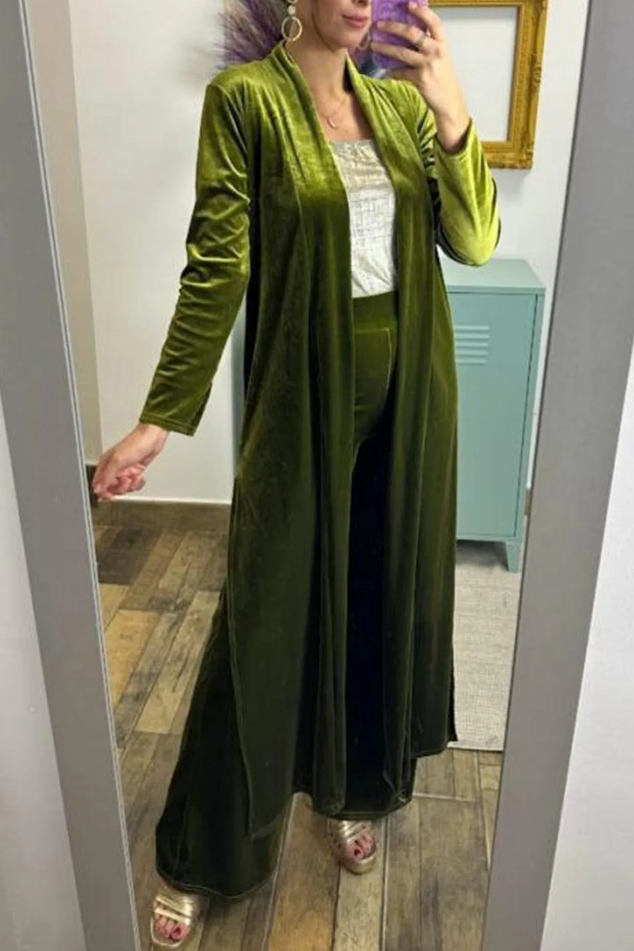 Velvet Slit Long Cardigan Two-piece Pants Suits