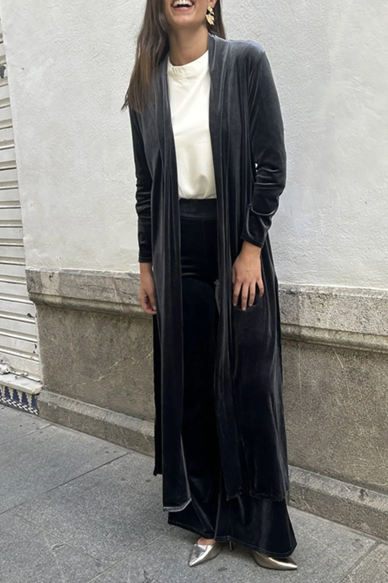 Velvet Slit Long Cardigan Two-piece Pants Suits