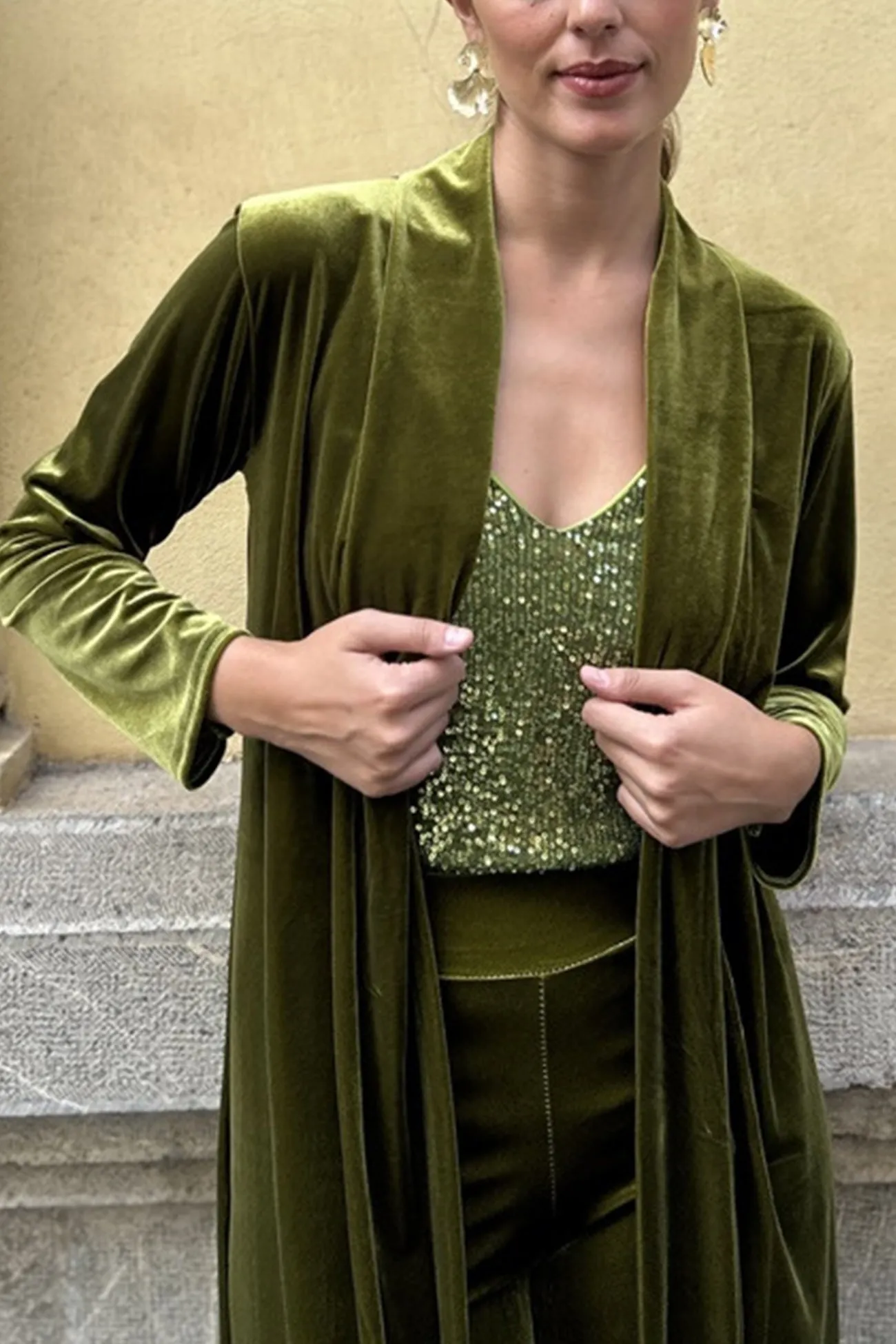 Velvet Slit Long Cardigan Two-piece Pants Suits