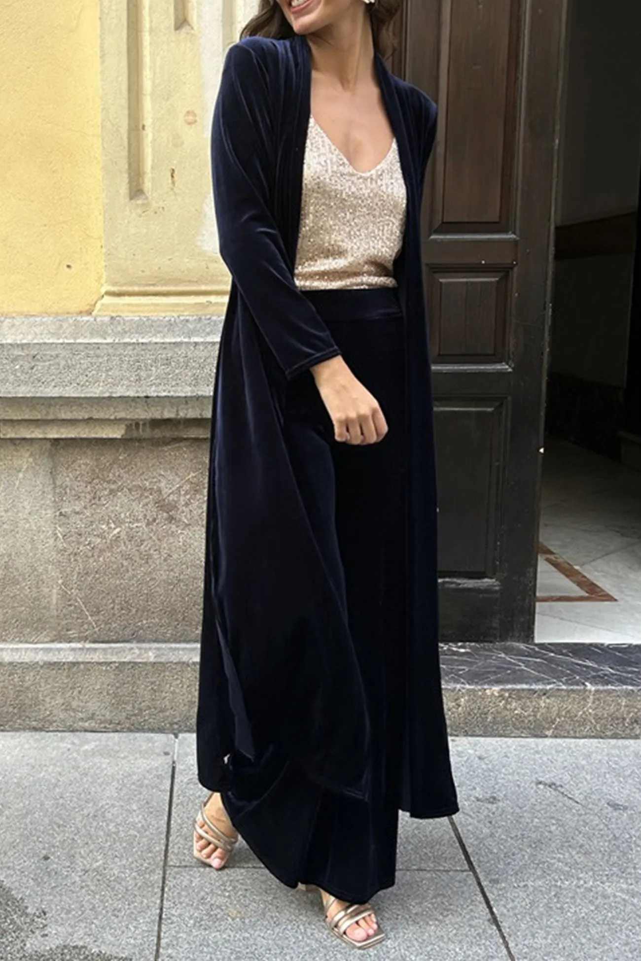 Velvet Slit Long Cardigan Two-piece Pants Suits