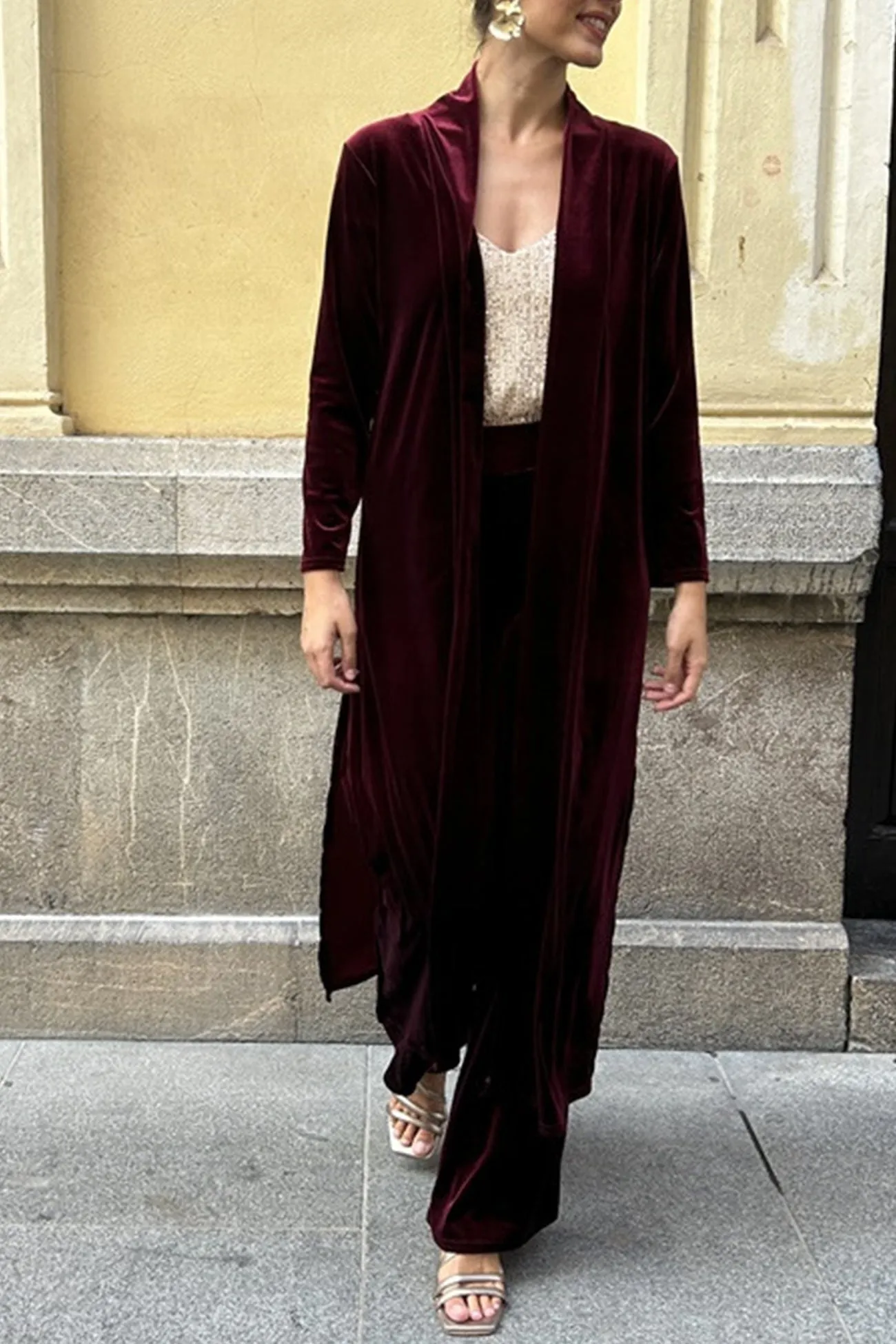 Velvet Slit Long Cardigan Two-piece Pants Suits