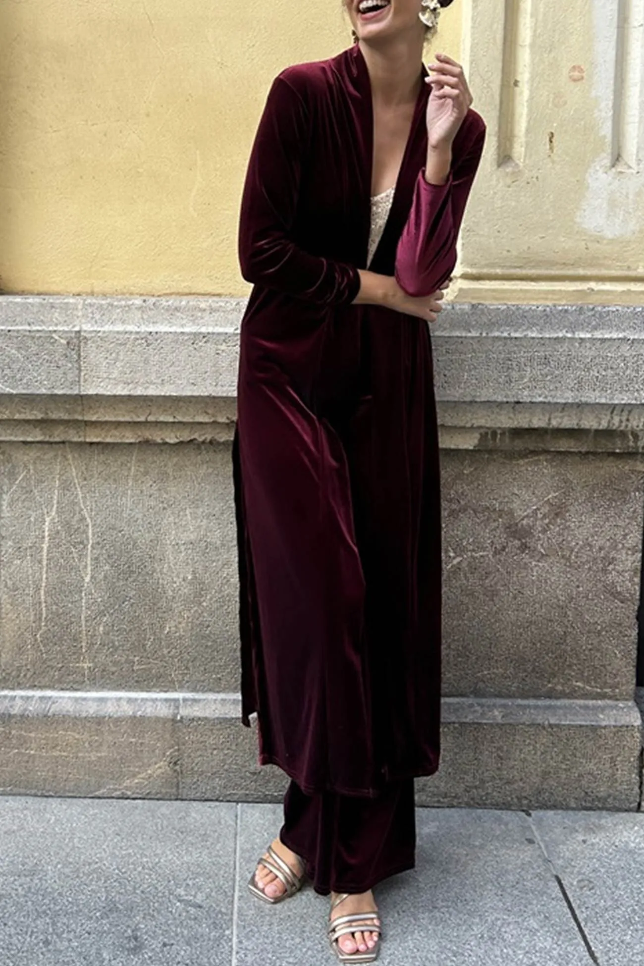 Velvet Slit Long Cardigan Two-piece Pants Suits