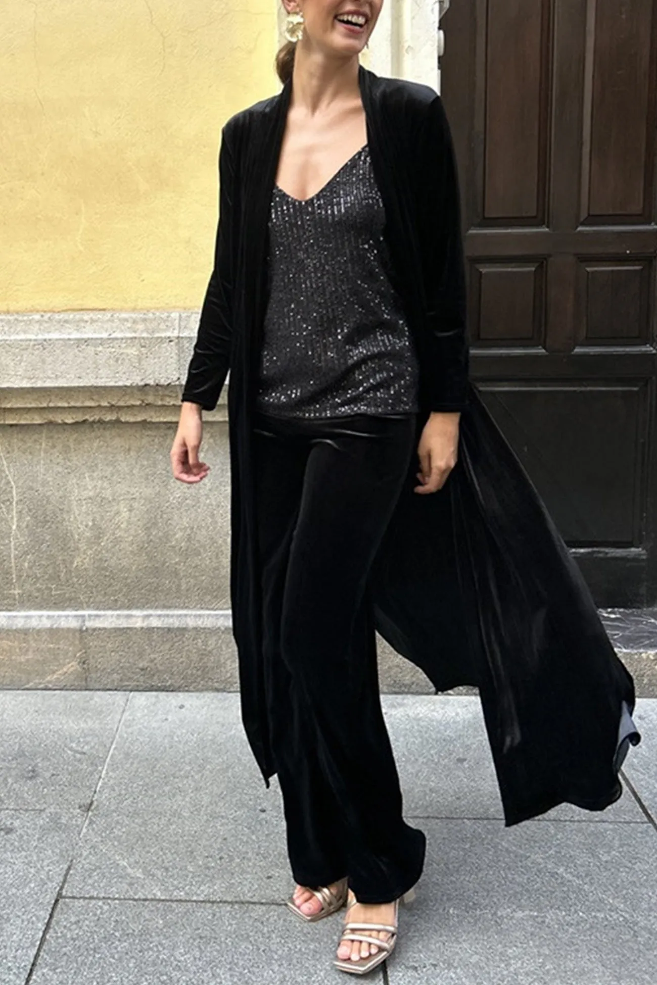 Velvet Slit Long Cardigan Two-piece Pants Suits