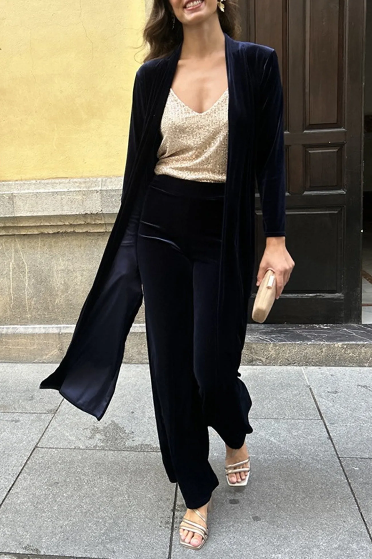 Velvet Slit Long Cardigan Two-piece Pants Suits