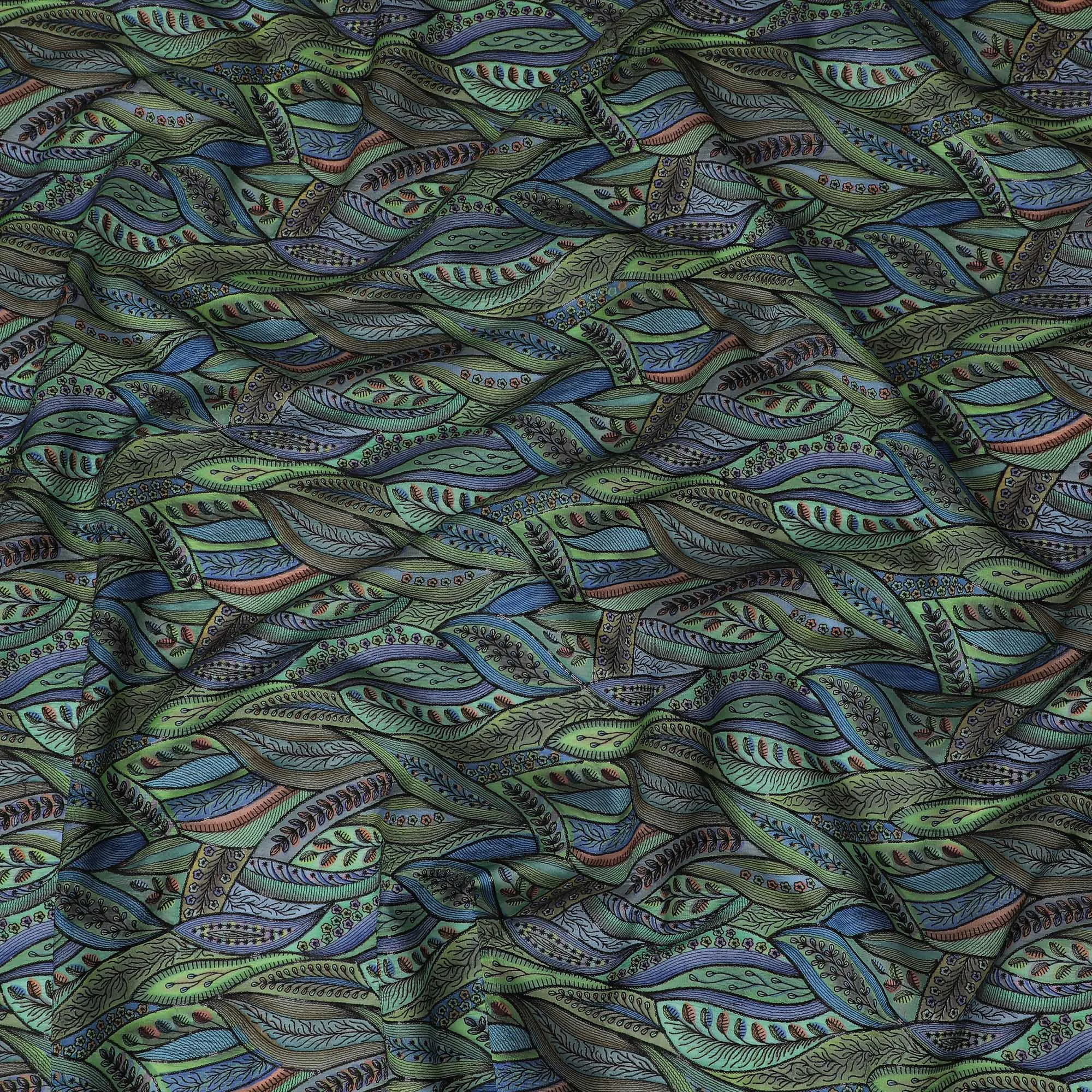 Vibrant Multicolored Silk Organza Fabric with Leaf Pattern Embroidery - 110 cm Wide - D19629