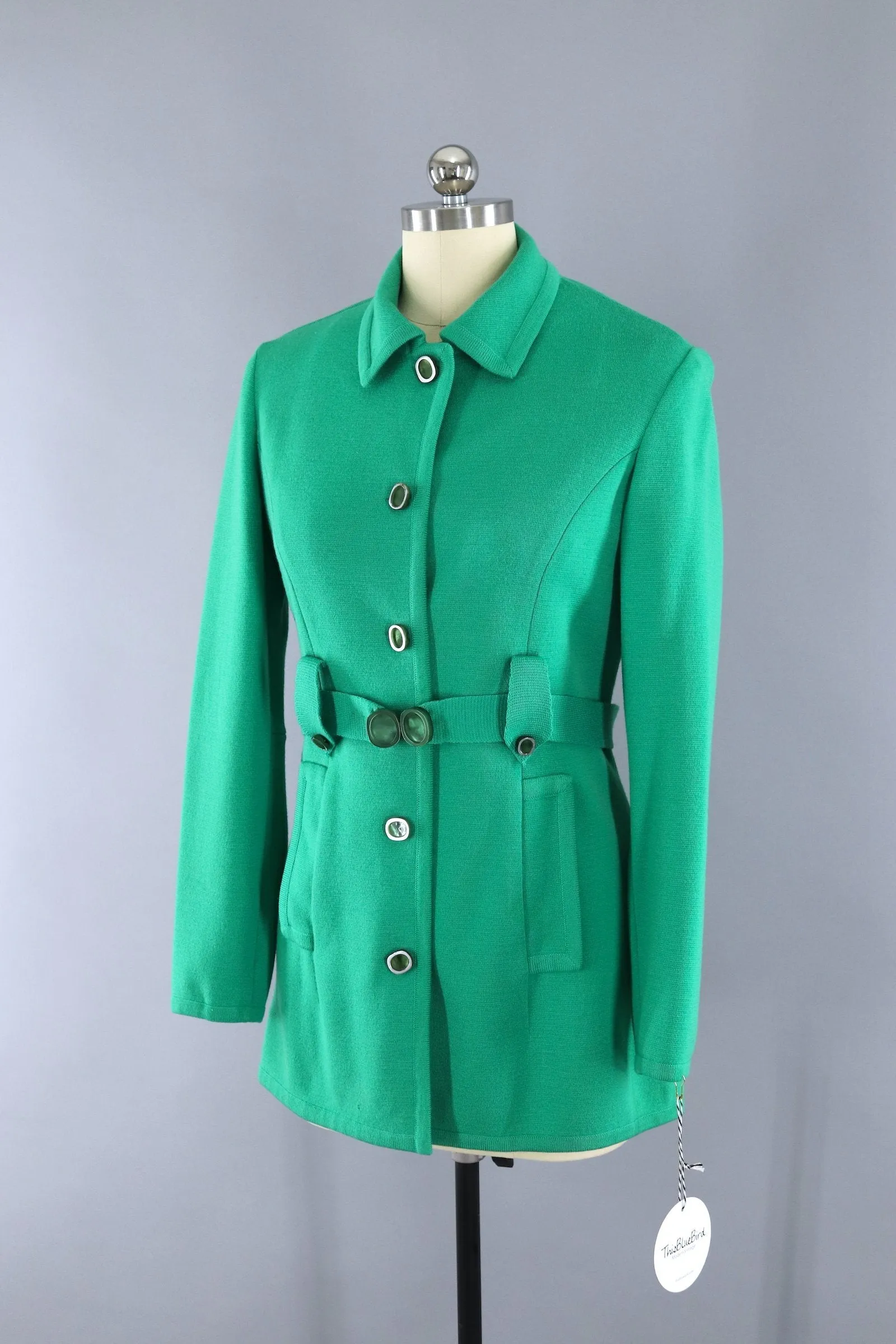 Vintage 1960s Giana Tricots Italian Wool Belted Cardigan Jacket / Kelly Green