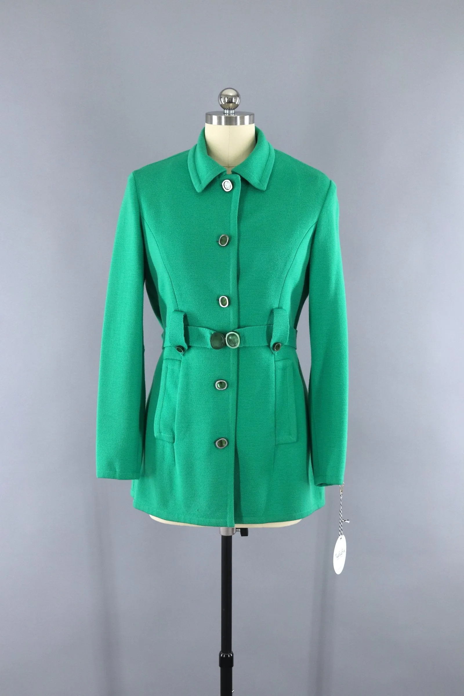 Vintage 1960s Giana Tricots Italian Wool Belted Cardigan Jacket / Kelly Green