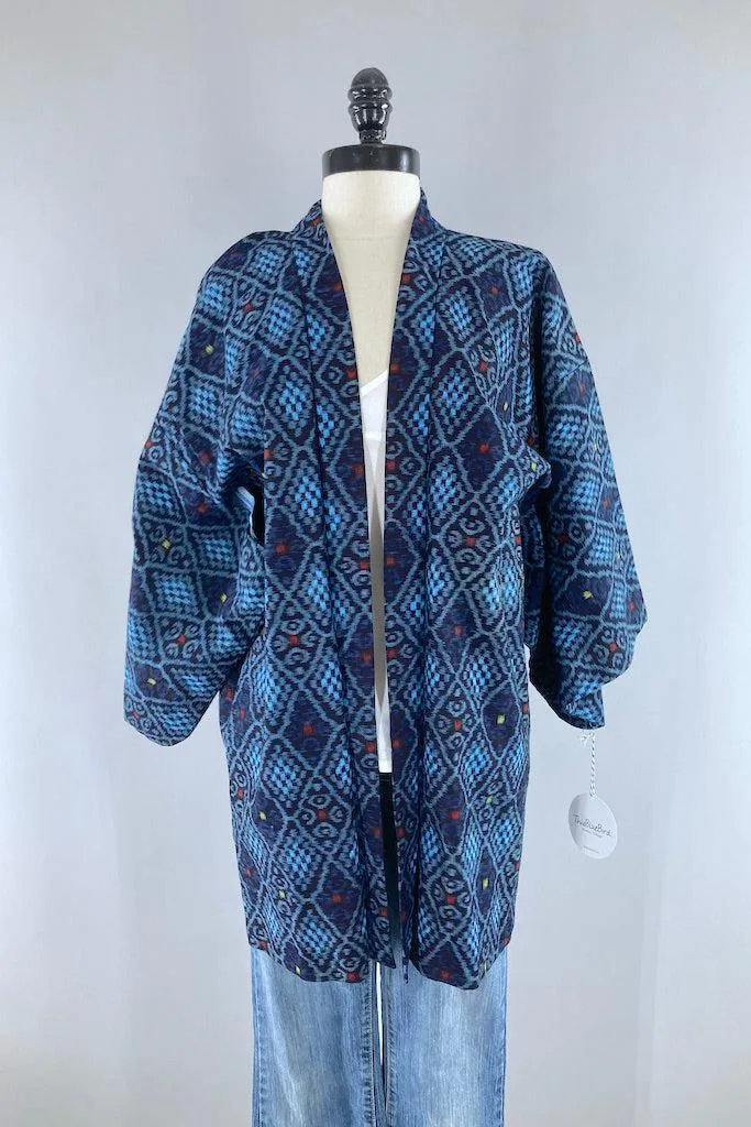 Vintage Blue Ikat Cotton Kimono Cardigan