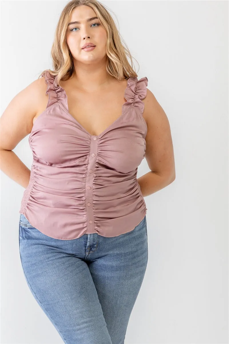 Voluptuous ( ) Plus Ruched Button-up Ruffle Strap Smocked Back Tank Top - Ships from The US